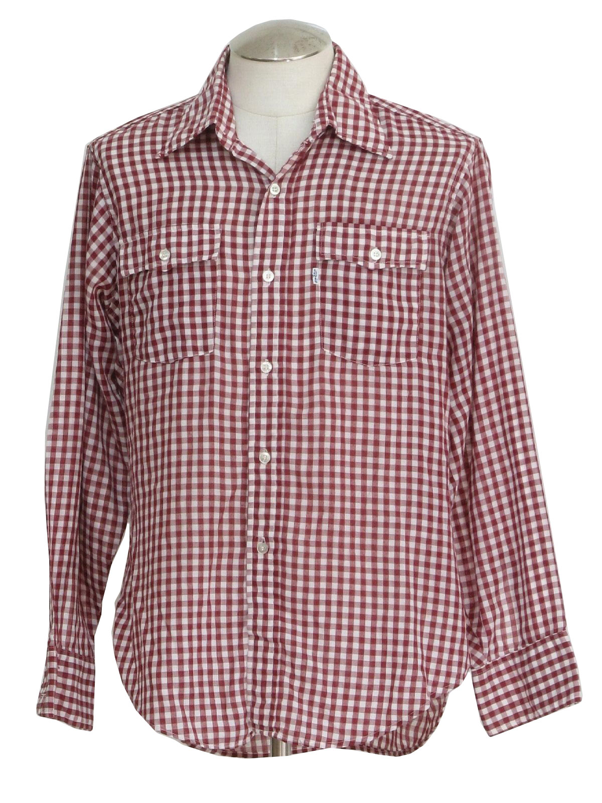 1980's Retro Western Shirt: 80s -Levis- Mens wine and off white gingham ...