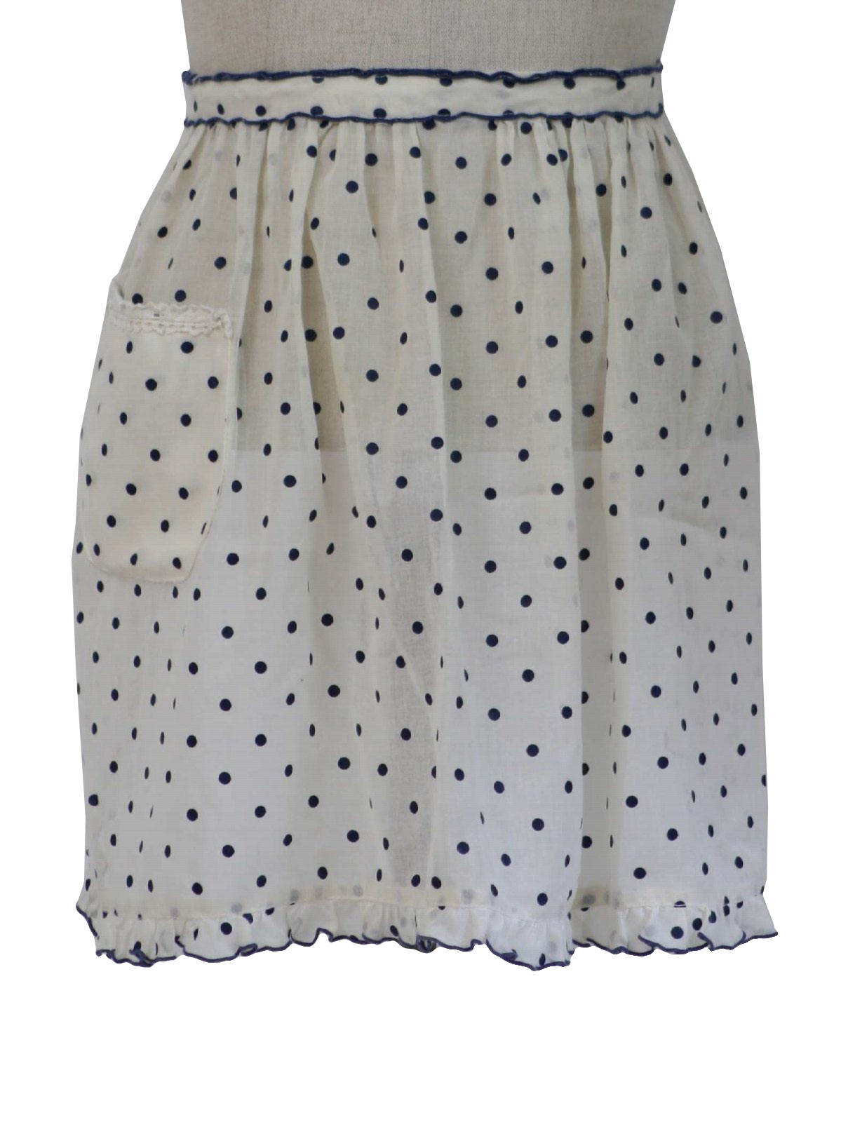 Retro 1960's Apron: 60s -no label- Womens off white and navy blue semi ...