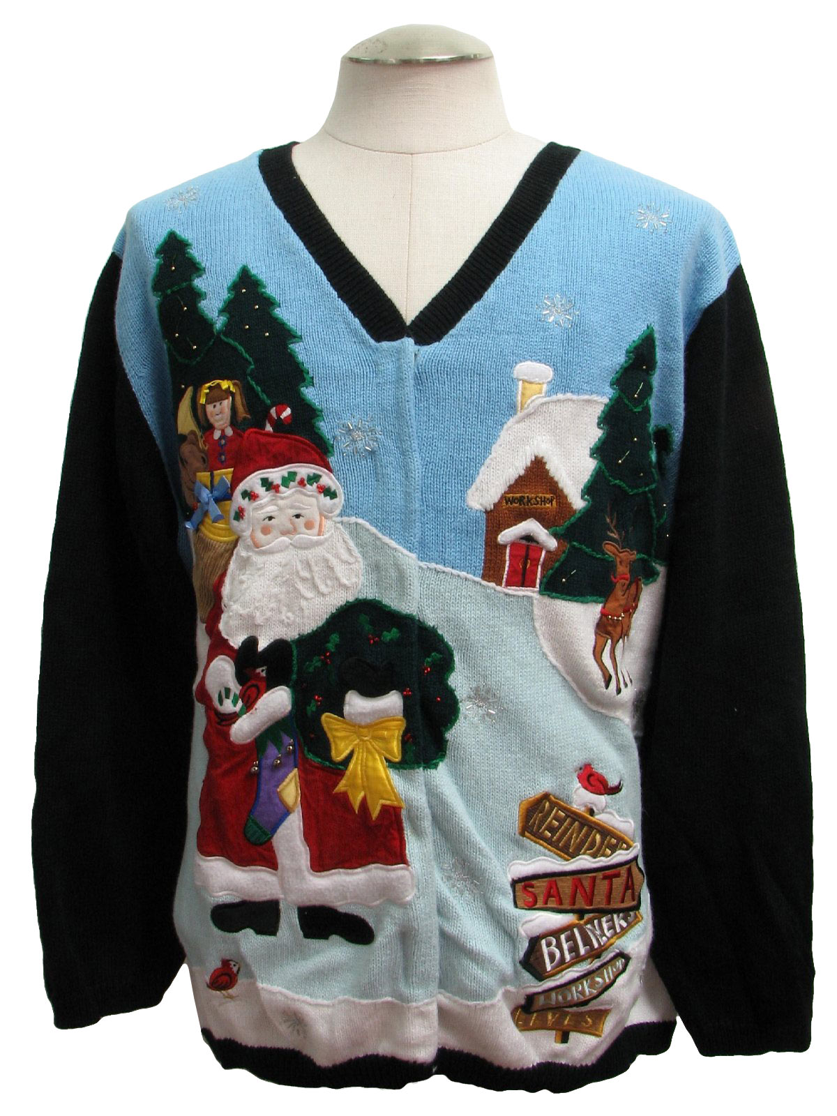 Ugly Christmas Sweater: -Quacker Factory- Unisex blue background ramie
