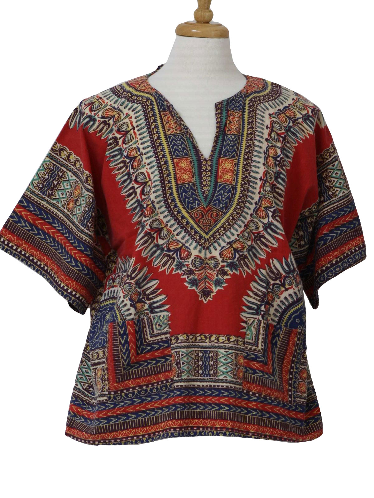 Seventies Dashiki Shirt: 70s -no label- Mens red base with navy blue ...