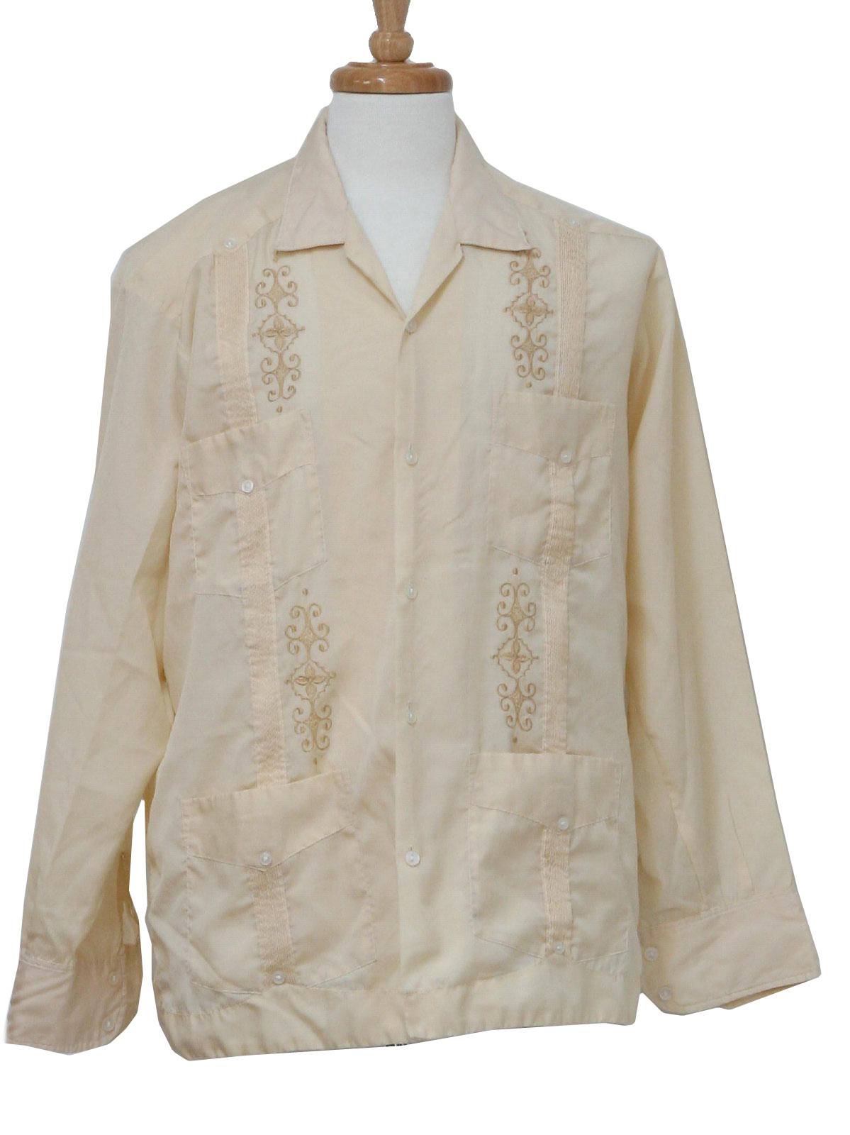 Vintage 1980's Guayabera Shirt: 80s -Mayaland- Mens dark cream silky ...