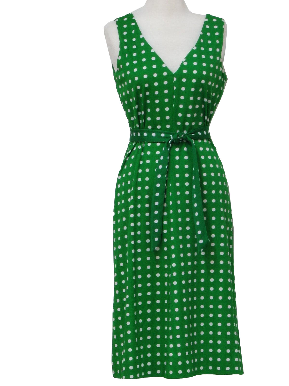 1970's Retro Dress: 70s -Missing Label- Womens green and white polka ...