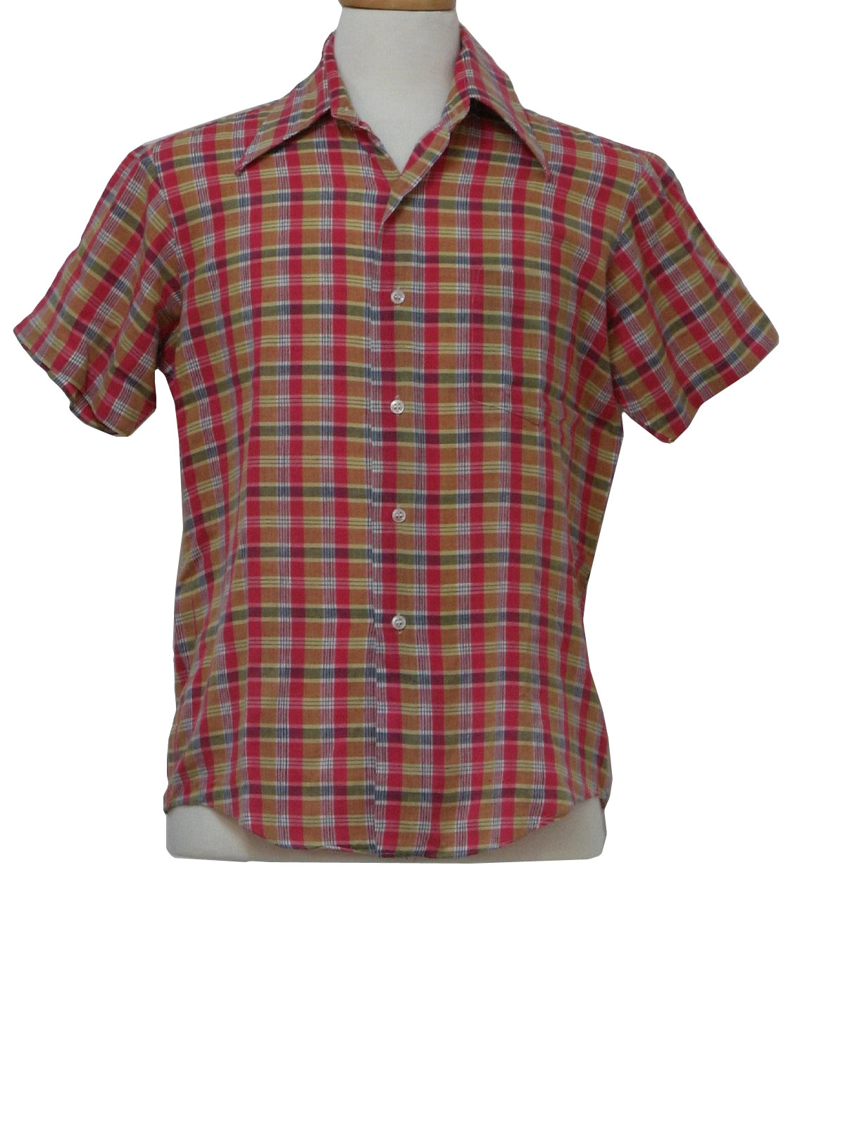 1970's Retro Shirt: 70s -Van Cort- Mens Pink, Sand, Tan, White, Green And Midnight Blue Plaid