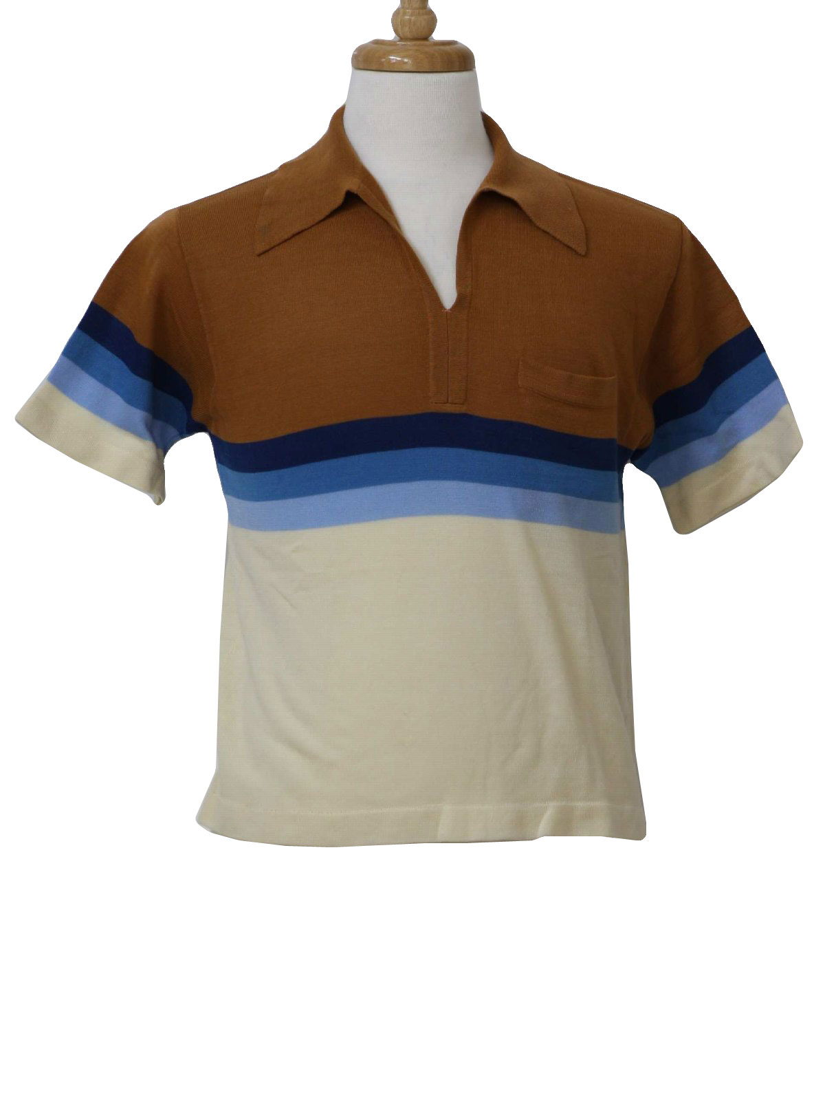 Vintage 1970's Knit Shirt: 70s -No Label- Mens white, pale blue, blue ...