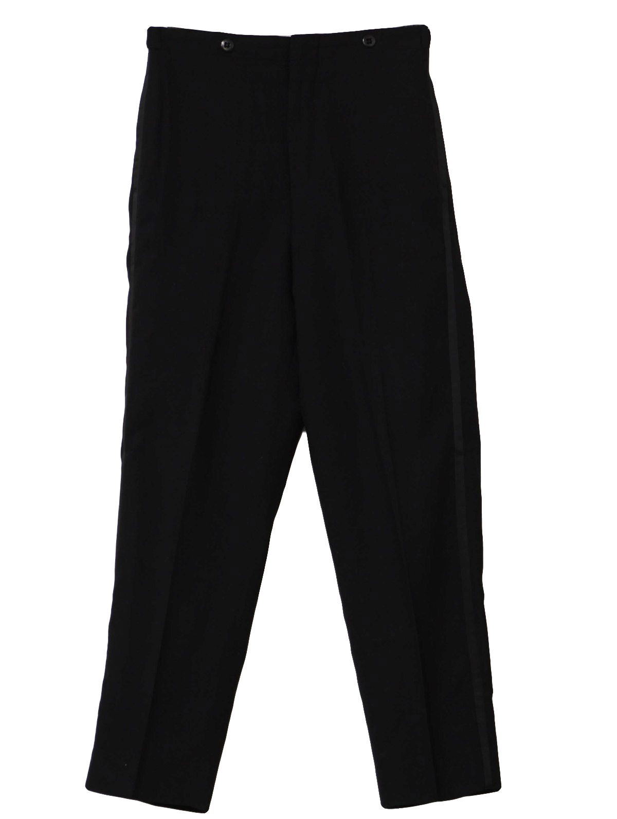 60s Pants: 60s -No Label- Mens black wool poplin tuxedo pants with ...