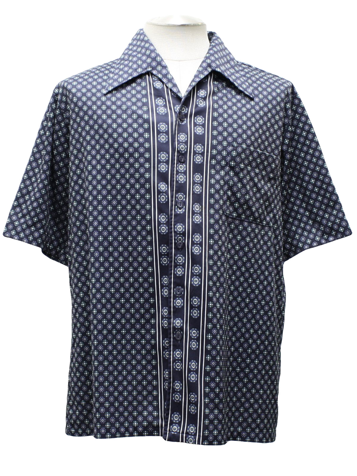Vintage 70's Print Disco Shirt: 70s -no label- Mens navy blue with blue ...