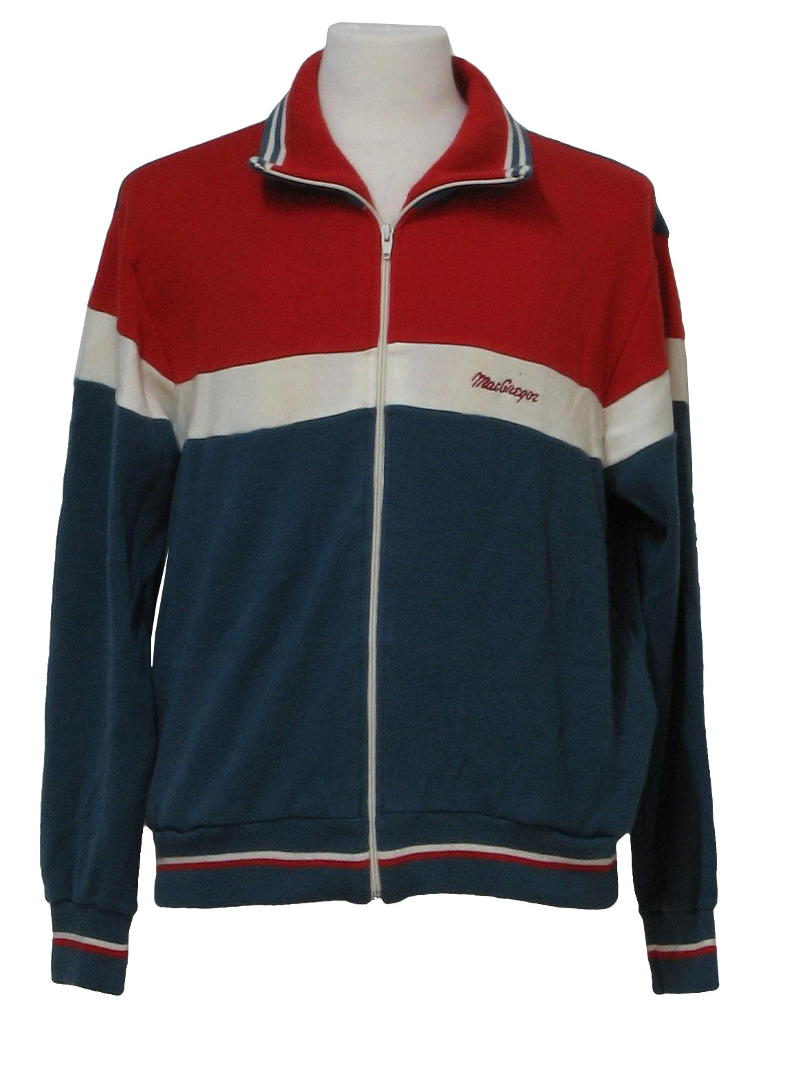 80s Retro Jacket 80s MacGregor Mens Blue Red And White Acrylic Zip   195104 