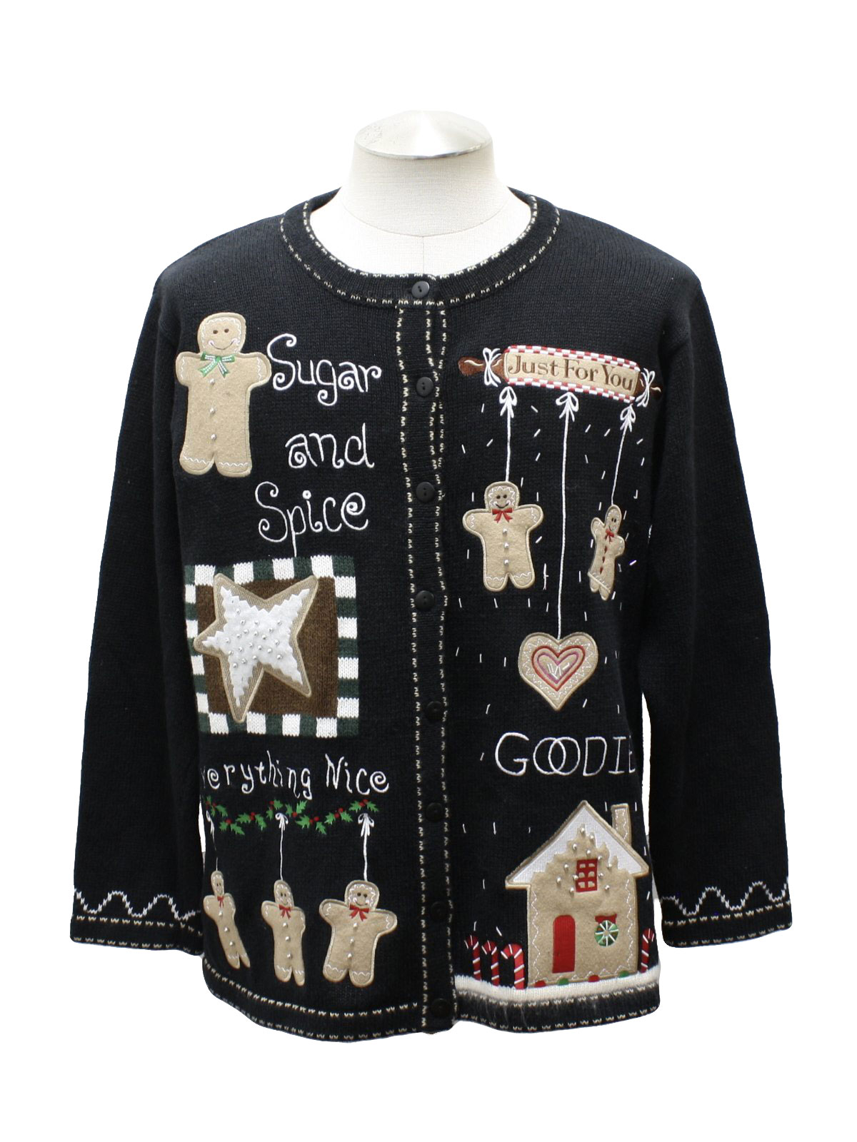 Womens Ugly Christmas Sweater The Quacker Factory Womens back white tan brown green red and silver beaded and sequin trimmed longsleeve ramie and cotton button front Sugar and Spice Everything Nice...