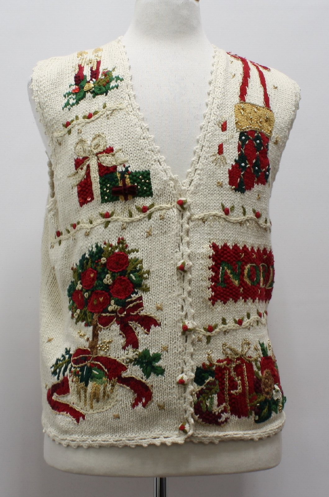 Ugly Christmas Sweater Vest Tiara International Unisex White Green Red And Gold Background