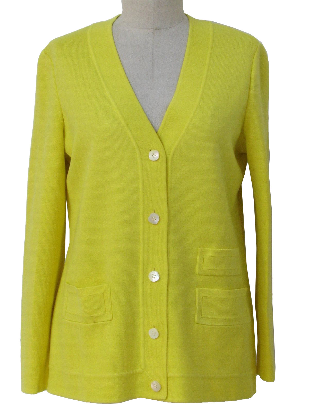 60s Sweater: 60s -No Label- Womens lemon yellow wool blend double knit ...