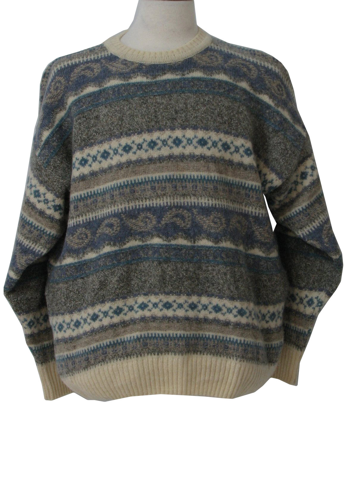 Vintage 80s Sweater: 80s -pitlochry- Mens shaded light blue, tan, white ...