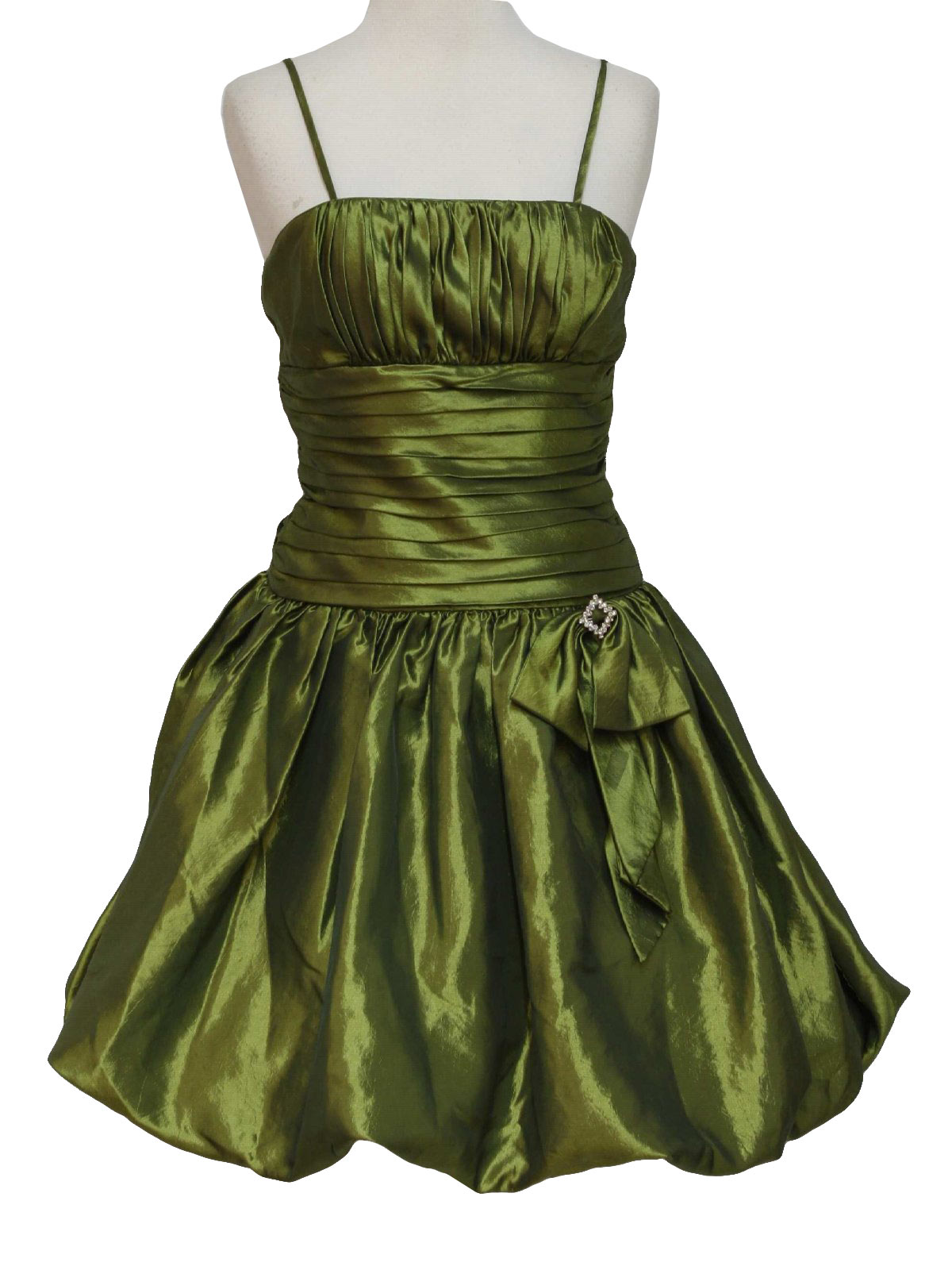 Aspeed 1990s Vintage Cocktail Dress 90s Aspeed Womens shiny alpine green mid length polyester tank style wicked 90s cocktail dress with pinch pleated bust thick banded empire waistline with off cent...