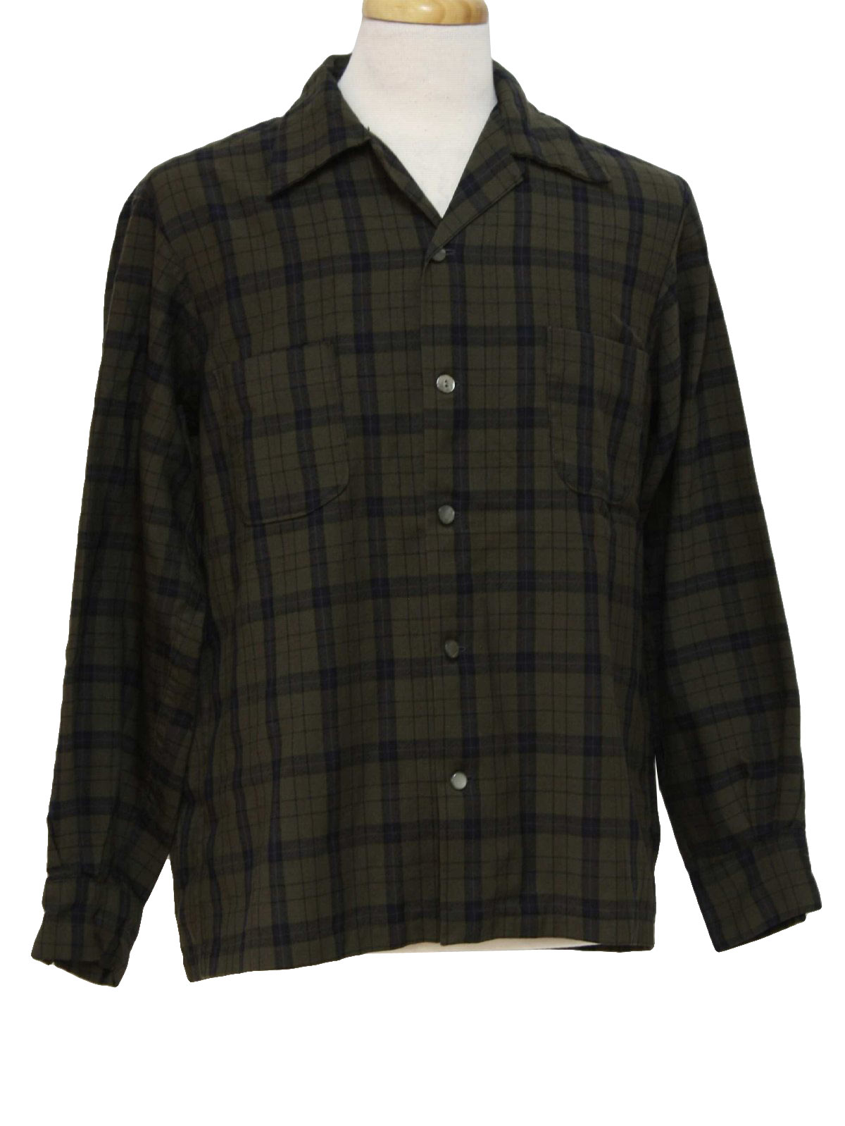 Retro 1950's Gabardine Shirt: 50s -no label- Mens dark olive, black and ...