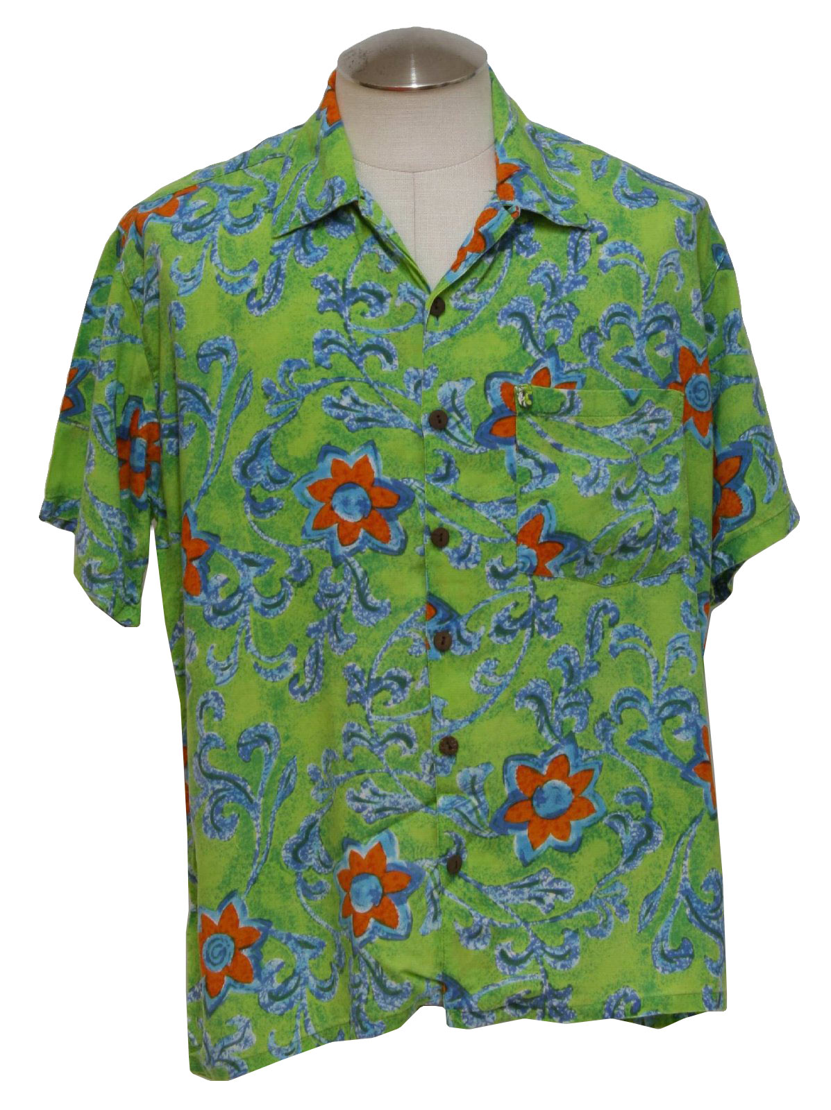 1990s Roundy Bay Hawaiian Shirt: 90s -Roundy Bay- Mens lime, blue ...