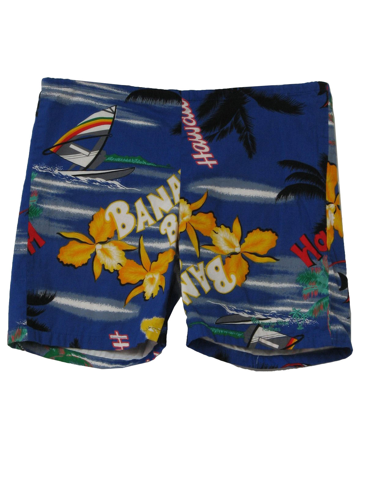 1990's Retro Shorts: 90s -Banana Bay Hawaii- Mens shaded blue