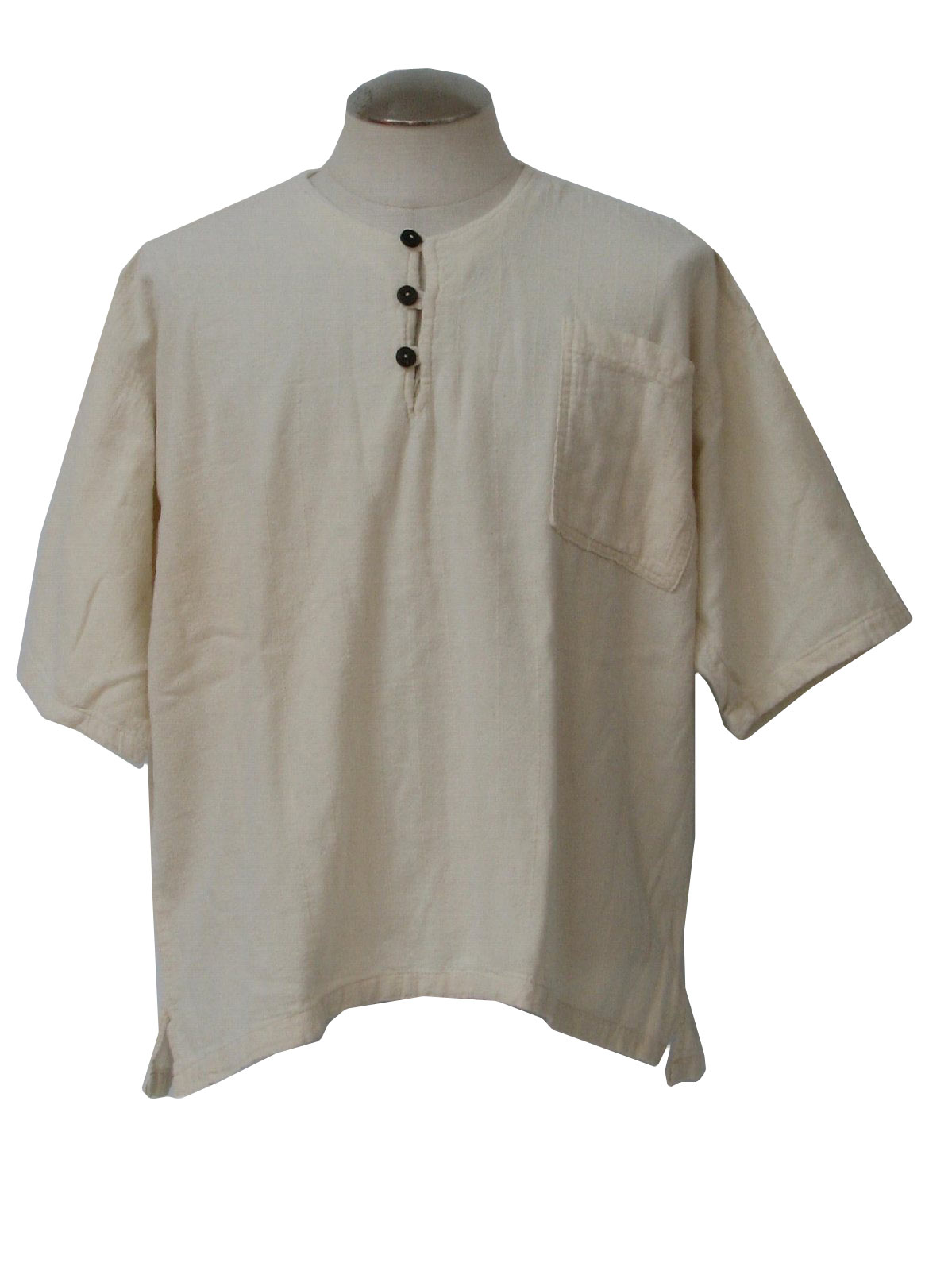 Retro 1970s Hippie Shirt: 70s -no Label- Mens Natural White Woven 