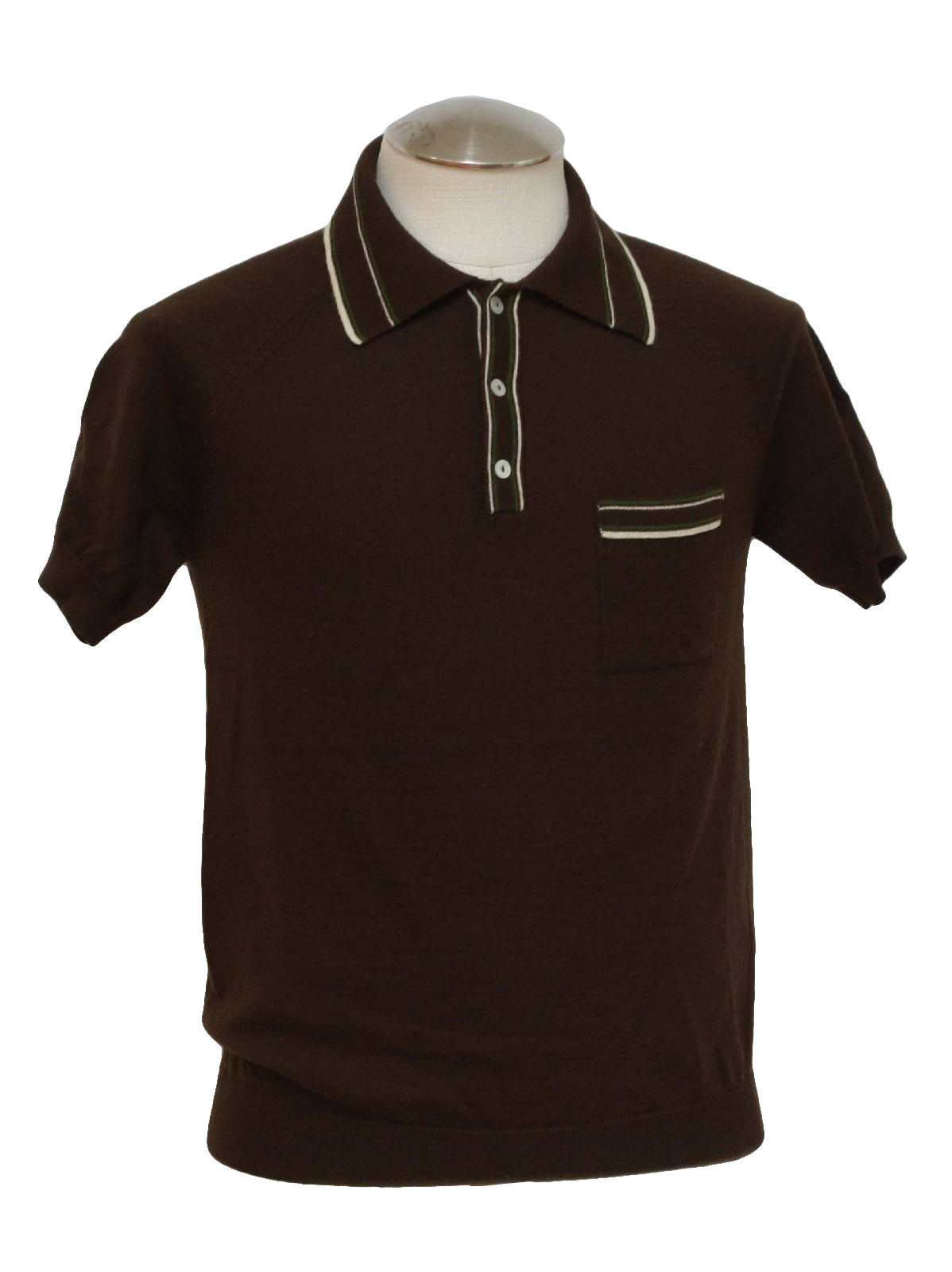 Vintage 1970's Knit Shirt: 70s -Fink- Mens dark brown, white and olive ...