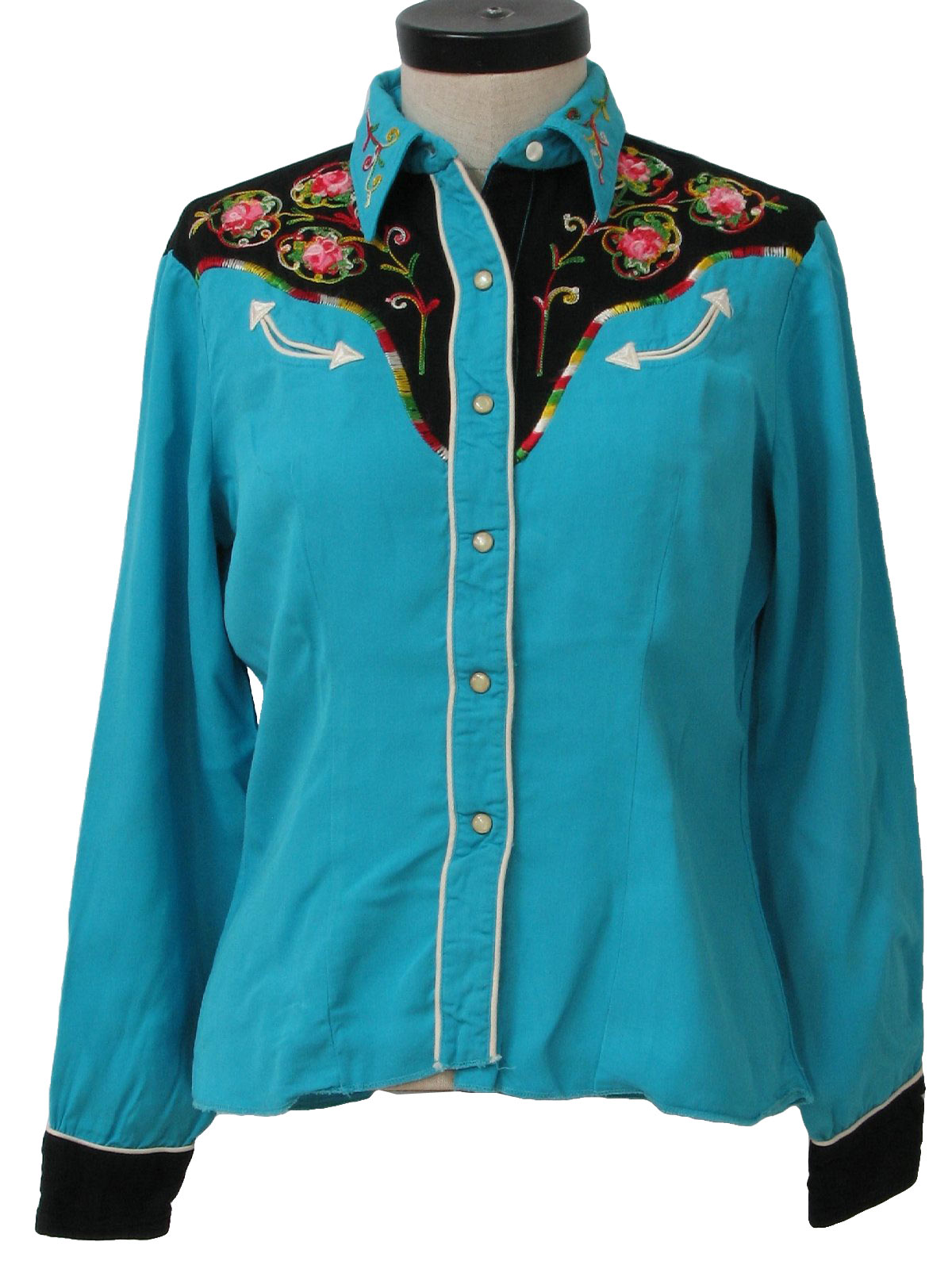 1960's Retro Western Shirt: 60s -H Bar C- Womens aqua with black yoke ...