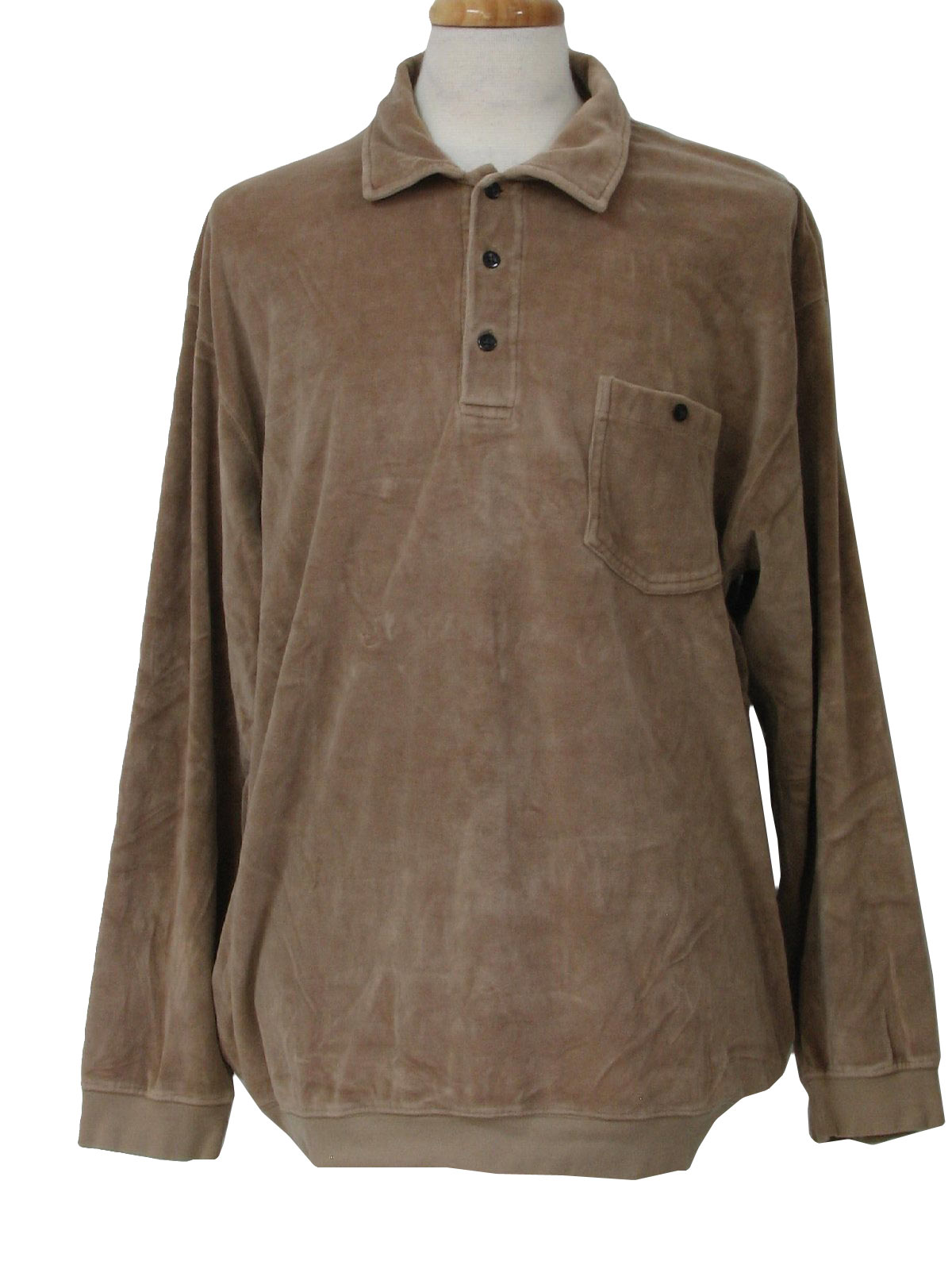 Vintage 1980's Velour Shirt: 80s -No Label- Mens taupe long sleeve ...