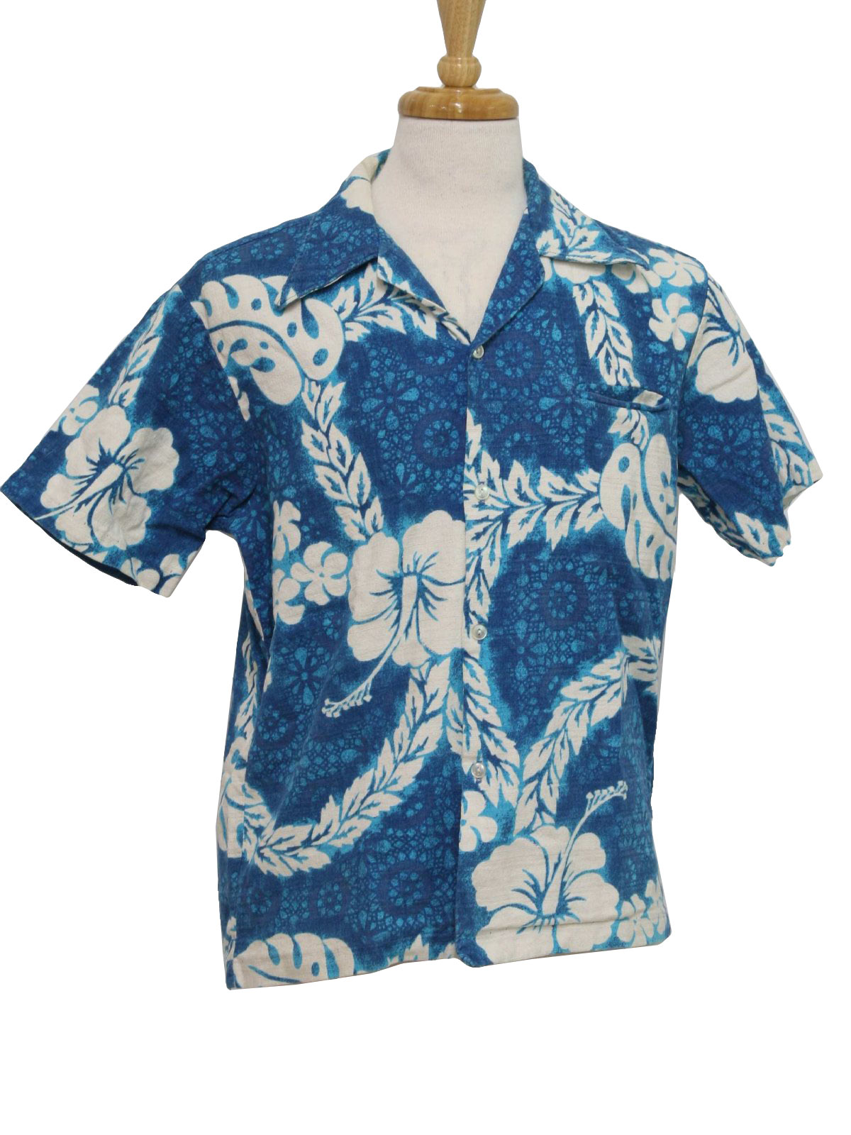 60's Vintage Hawaiian Shirt: 60s -Kai Nani- Mens shaded blue and white ...