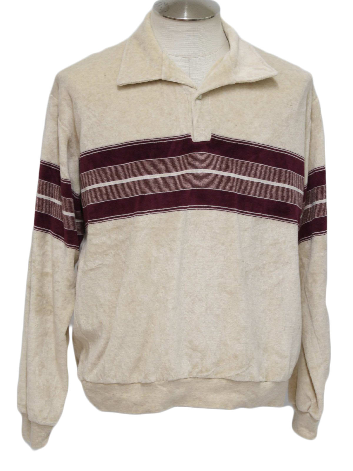 Vintage 70s Velour Shirt: 70s -no label- Mens wheat, white and maroon ...