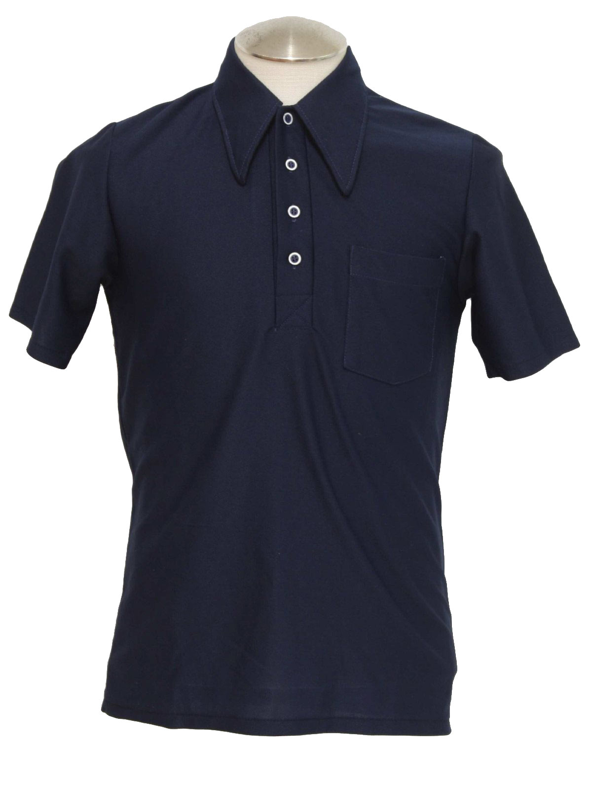 70s Shirt: 70s -no label- Mens dark navy blue polyester short sleeve ...
