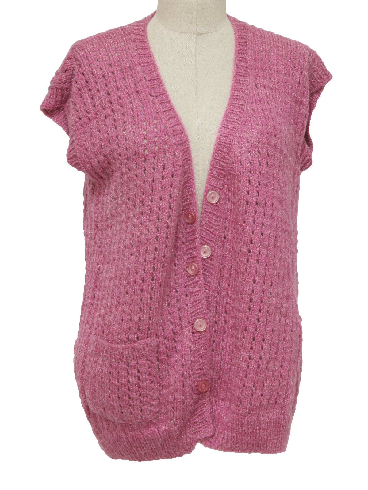 Retro 1970s Sweater 70s No Label Womens Shimmery Mauve Acrylic Knit Sweater Vest An Open 8559