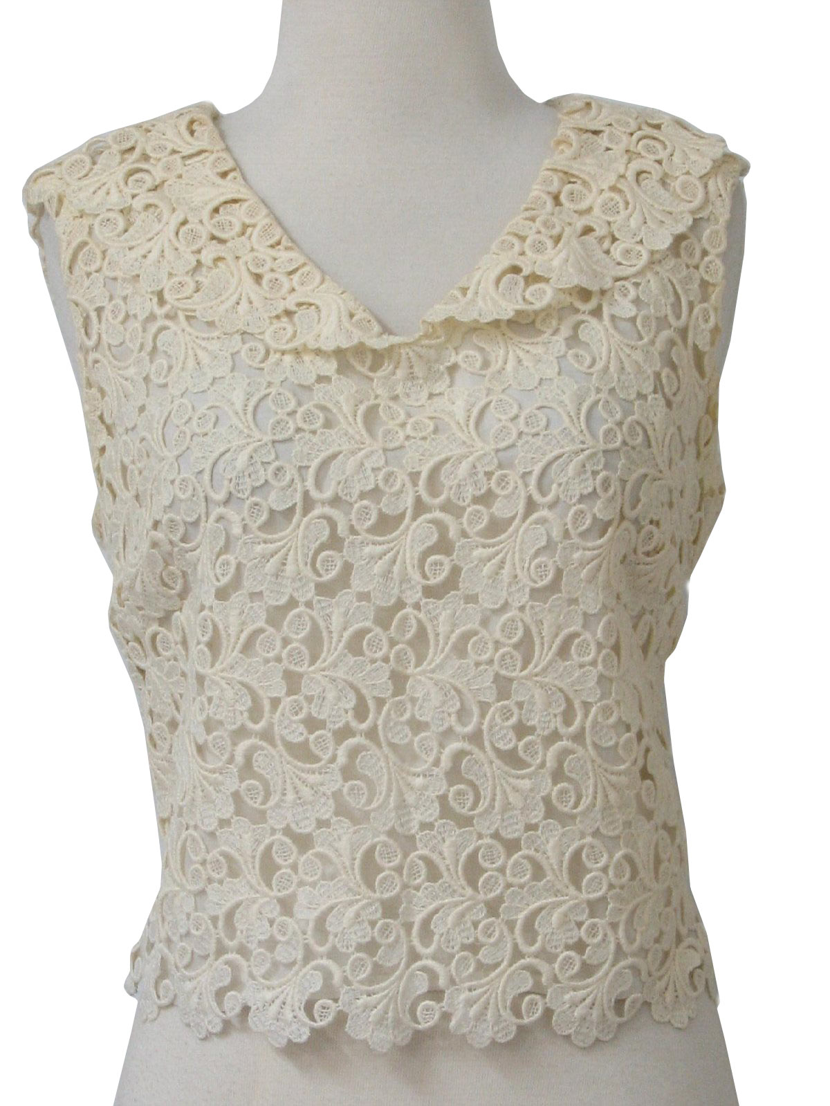 1950s Vintage Shirt: 50s -Adelcar- Womens cream crochet lace tank cut ...