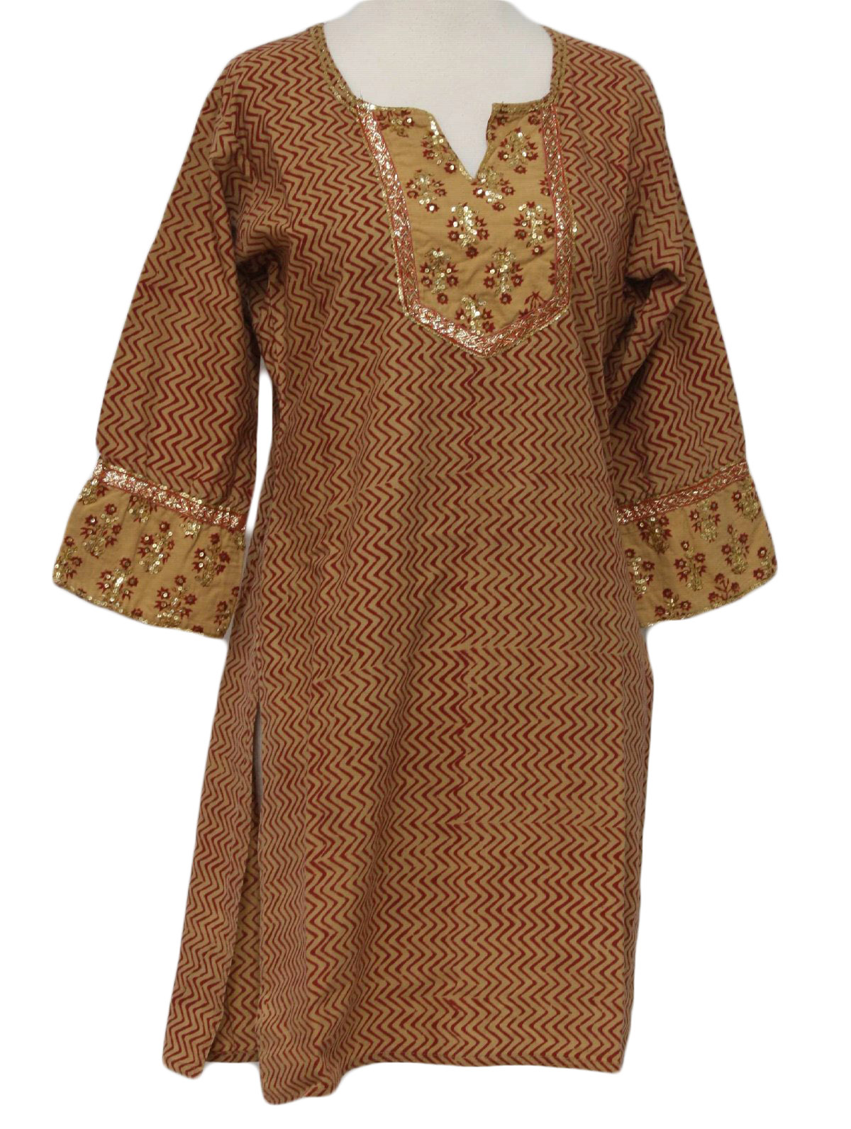 Dress: 90s -no label- Womens beige, red and gold, cotton polyester ...