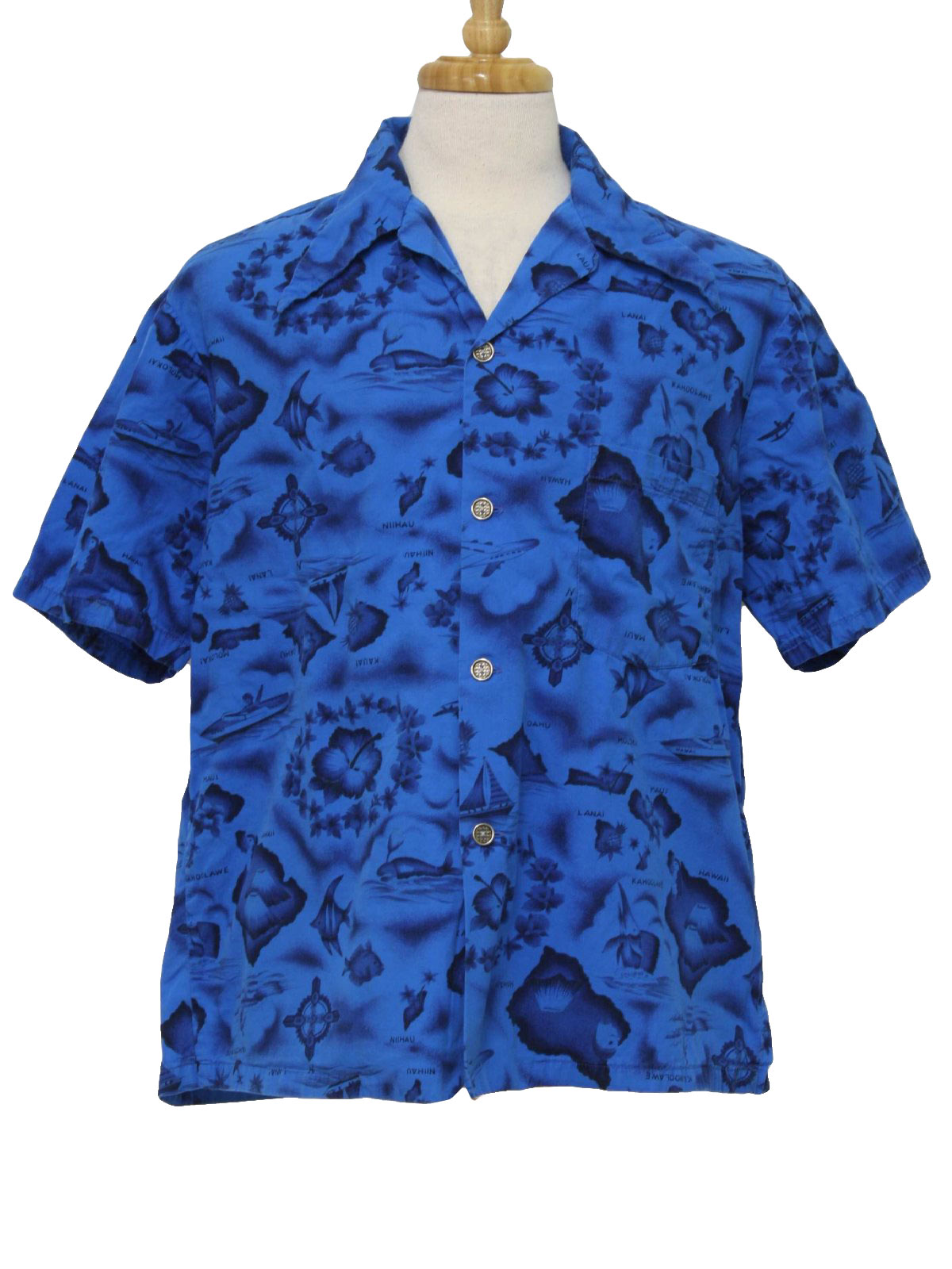 1970's Retro Hawaiian Shirt: 70s -Ui Maikai- Mens tropical blue, dark ...