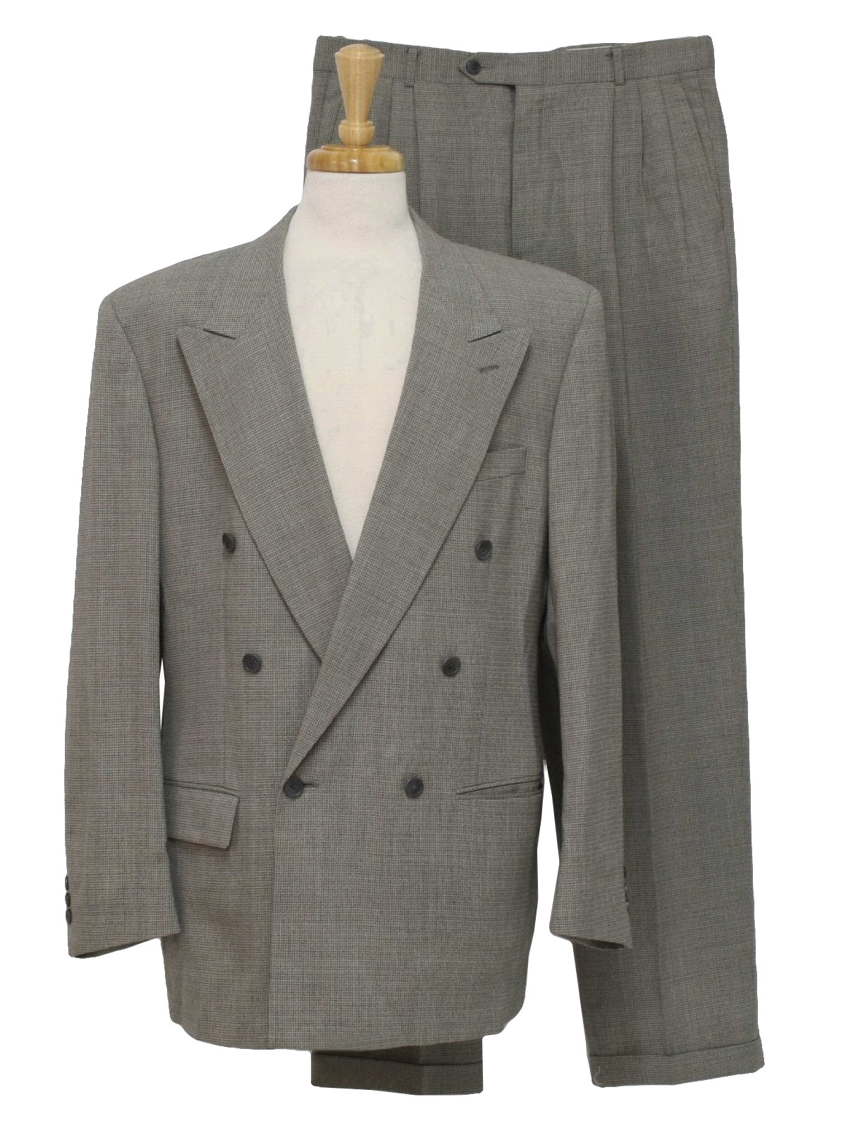 Monsieur Givenchy 80's Vintage Suit: 80s -Monsieur Givenchy- Mens two piece  totally 80s suit with black, gray, beige small plaid lightweight wool  jacket with doublebreasted styling, medium width peaked lapels, six buttons,