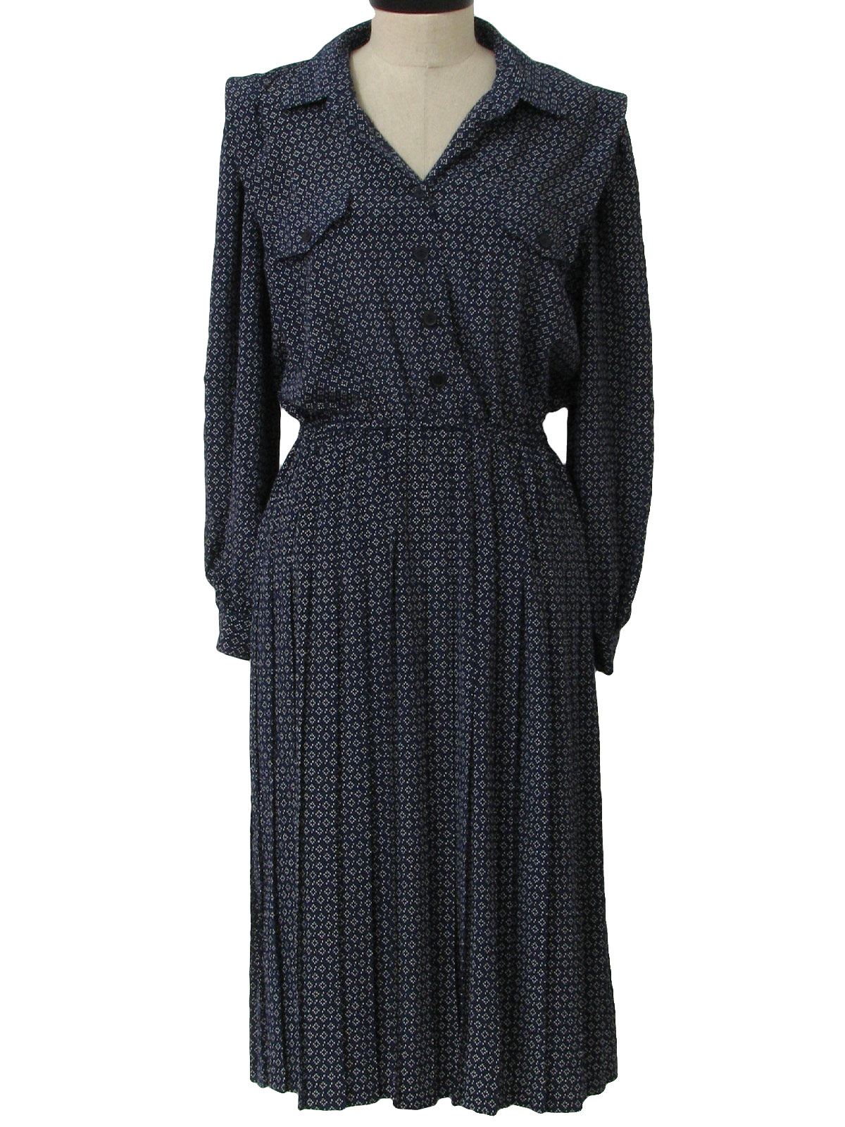 Vintage 1980's Dress: 80s -Leslie Fay Petites- Womens navy blue and ...