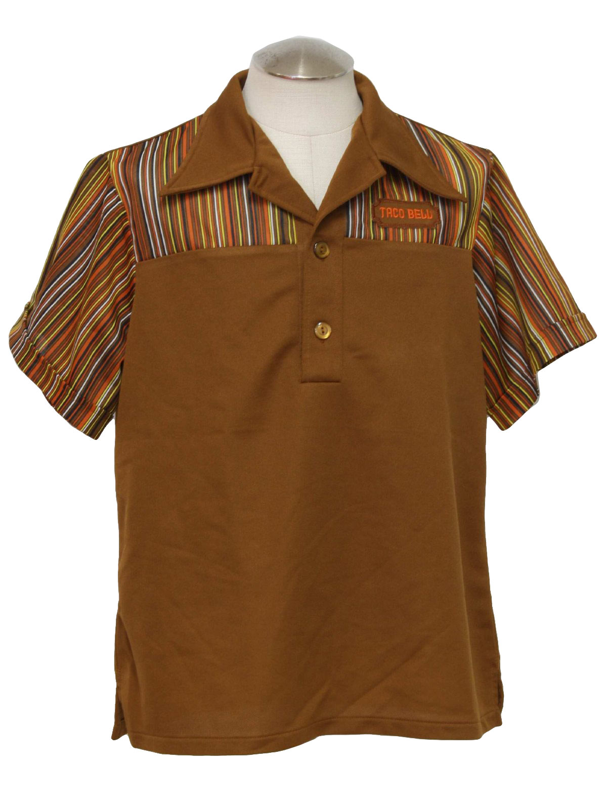 Seventies Boss Shirt: 70s -Boss- Mens saddle brown, orange, yellow, white  and black polyester short sleeve pullover knit uniform shirt. Taco Bell  logo patch on the left chest, with a stripe patterned