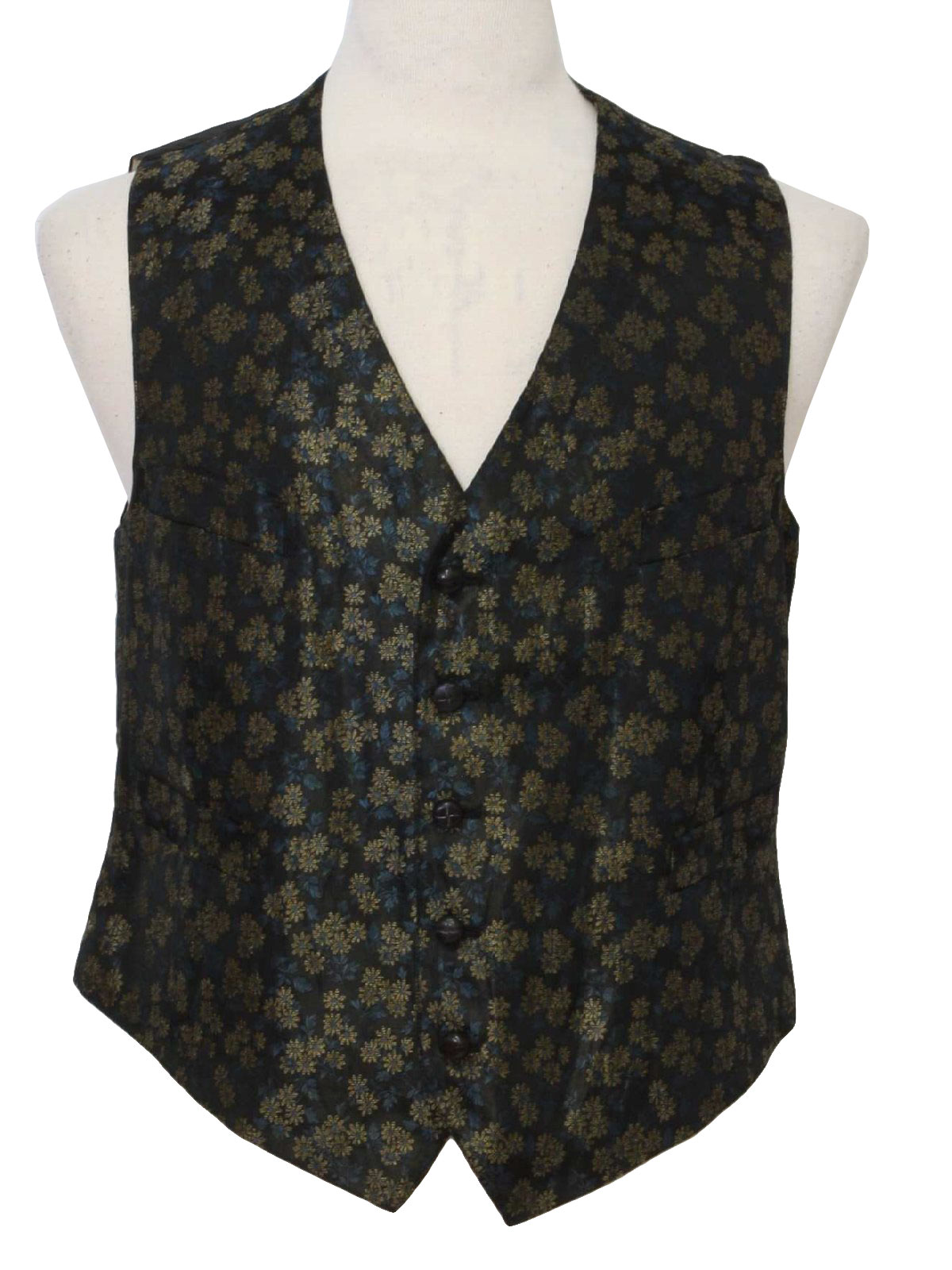 60s Vest: Early 60s -No Label- Mens black, gold floral rayon brocade ...