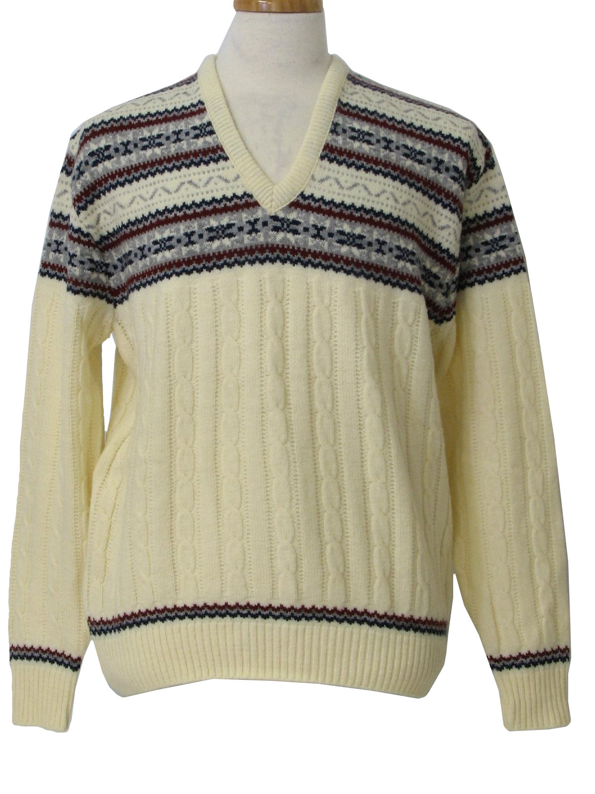 90's Jantzen Sweater: 90s -Jantzen- Mens off white, grey, maroon and ...
