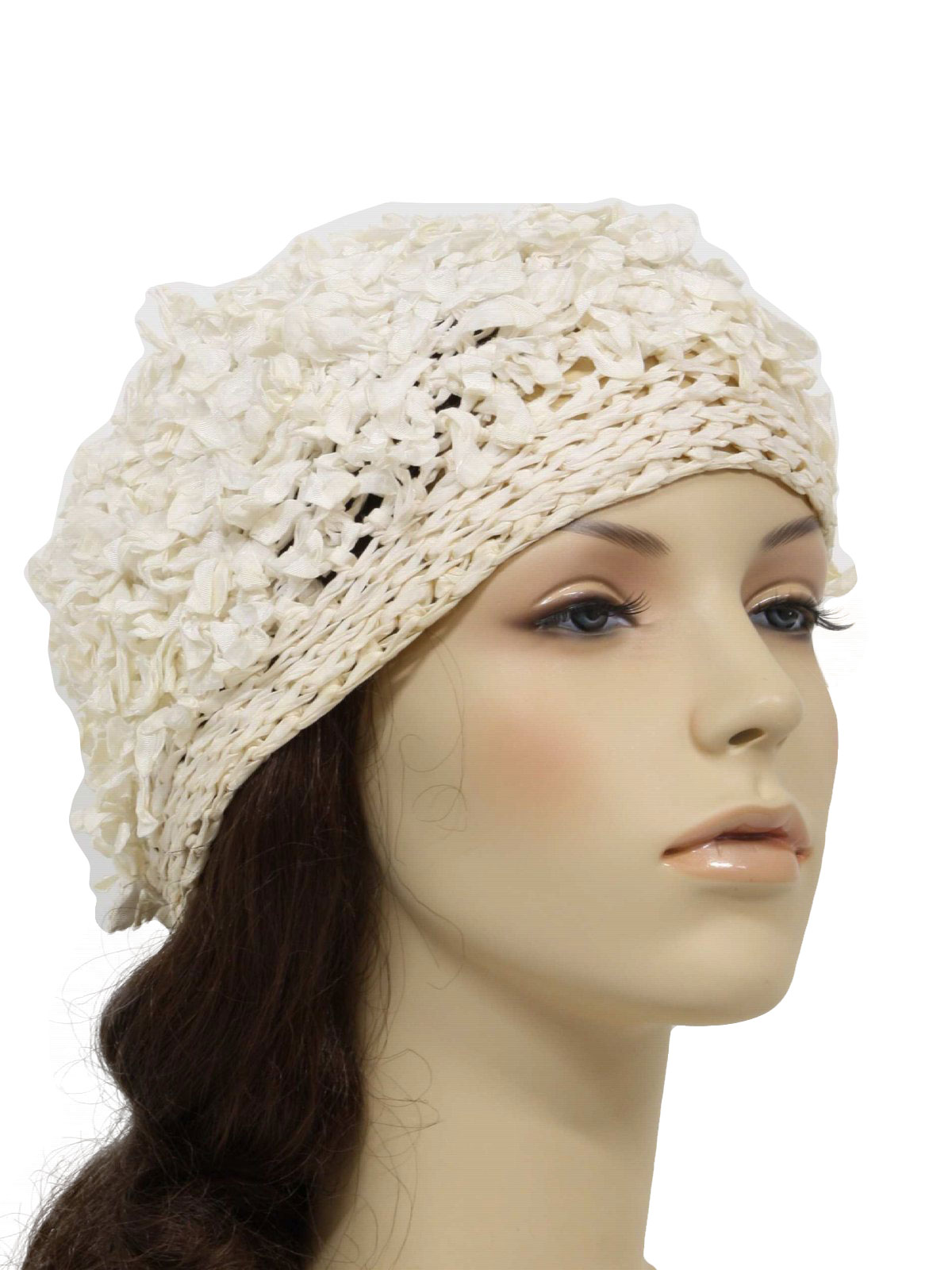 1970s Hat: 70s -No Label- Womens white, crochet, close fitting hat, in ...