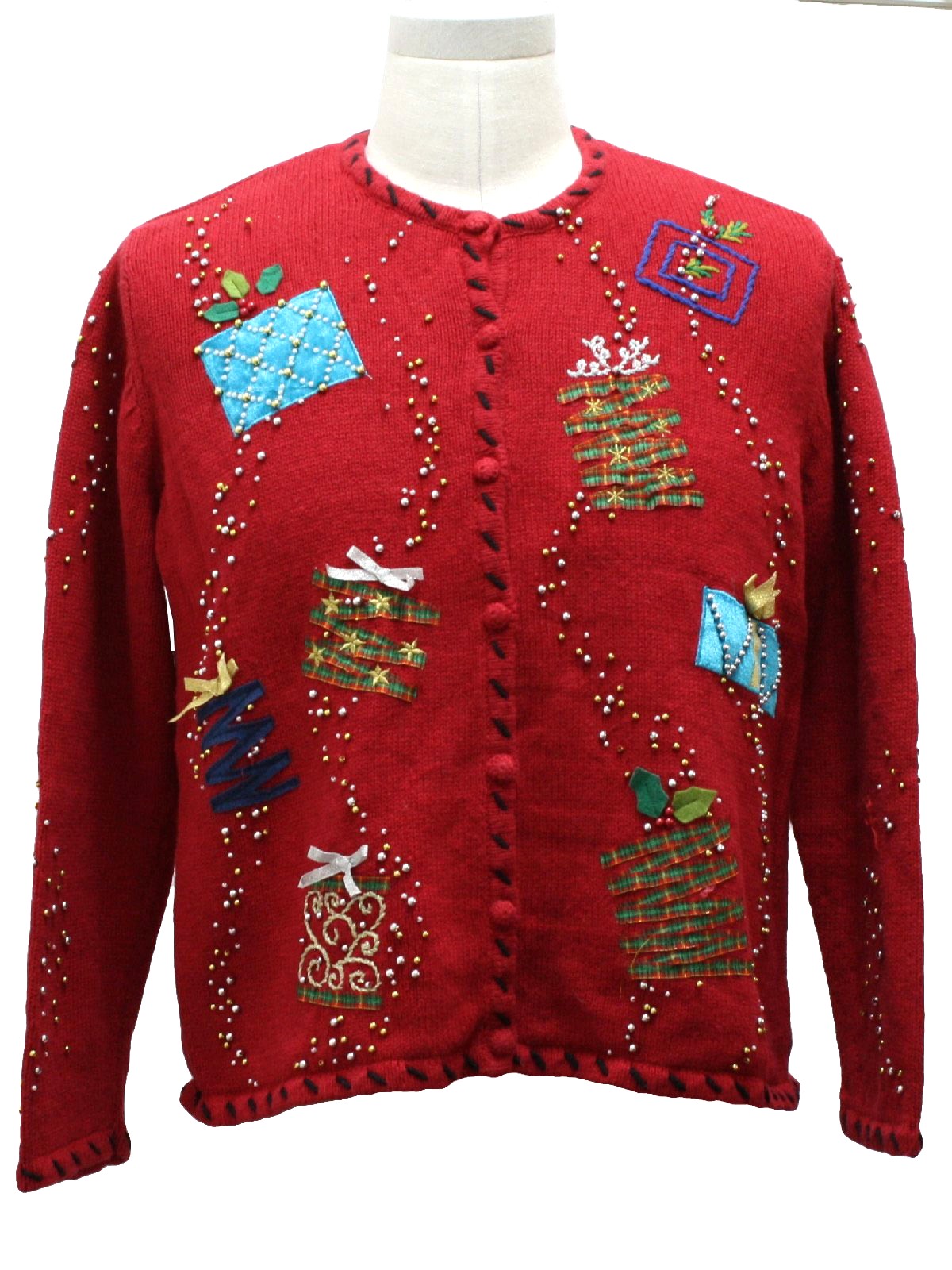 Womens Ugly Christmas Sweater: -Studio- Womens red background ramie ...