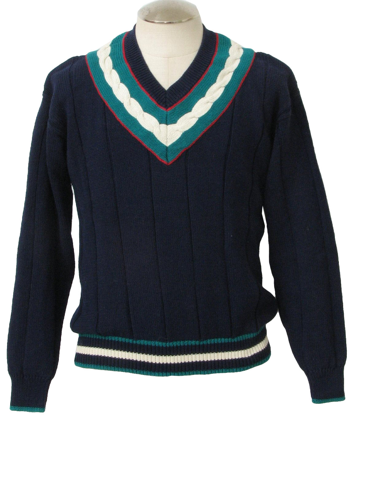 Vintage 1990's Sweater: 90s -INC- Mens navy blue, off white, teal and ...