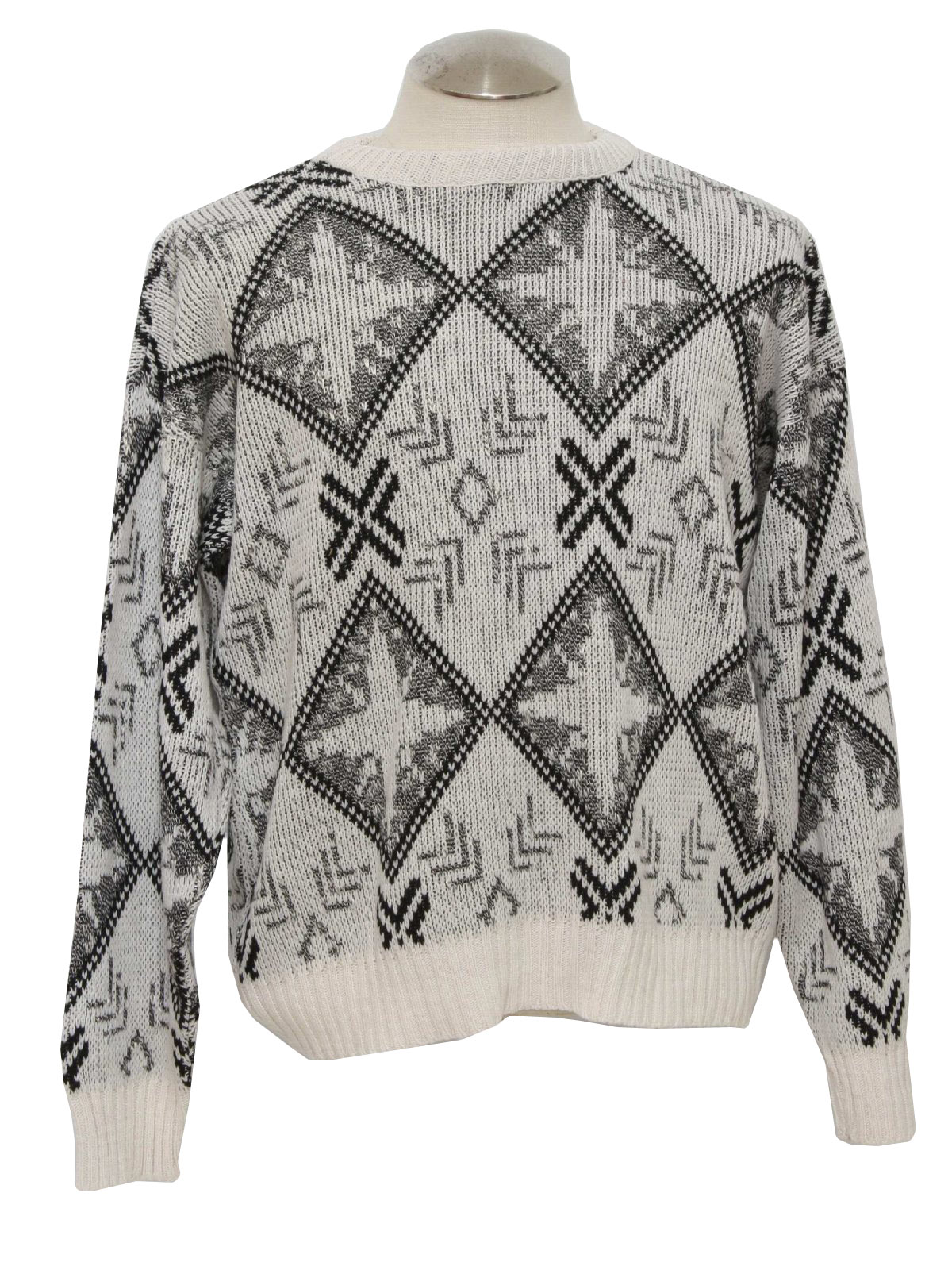 1980's Retro Sweater: 80s -New Era- Mens off white, black and grey busy ...