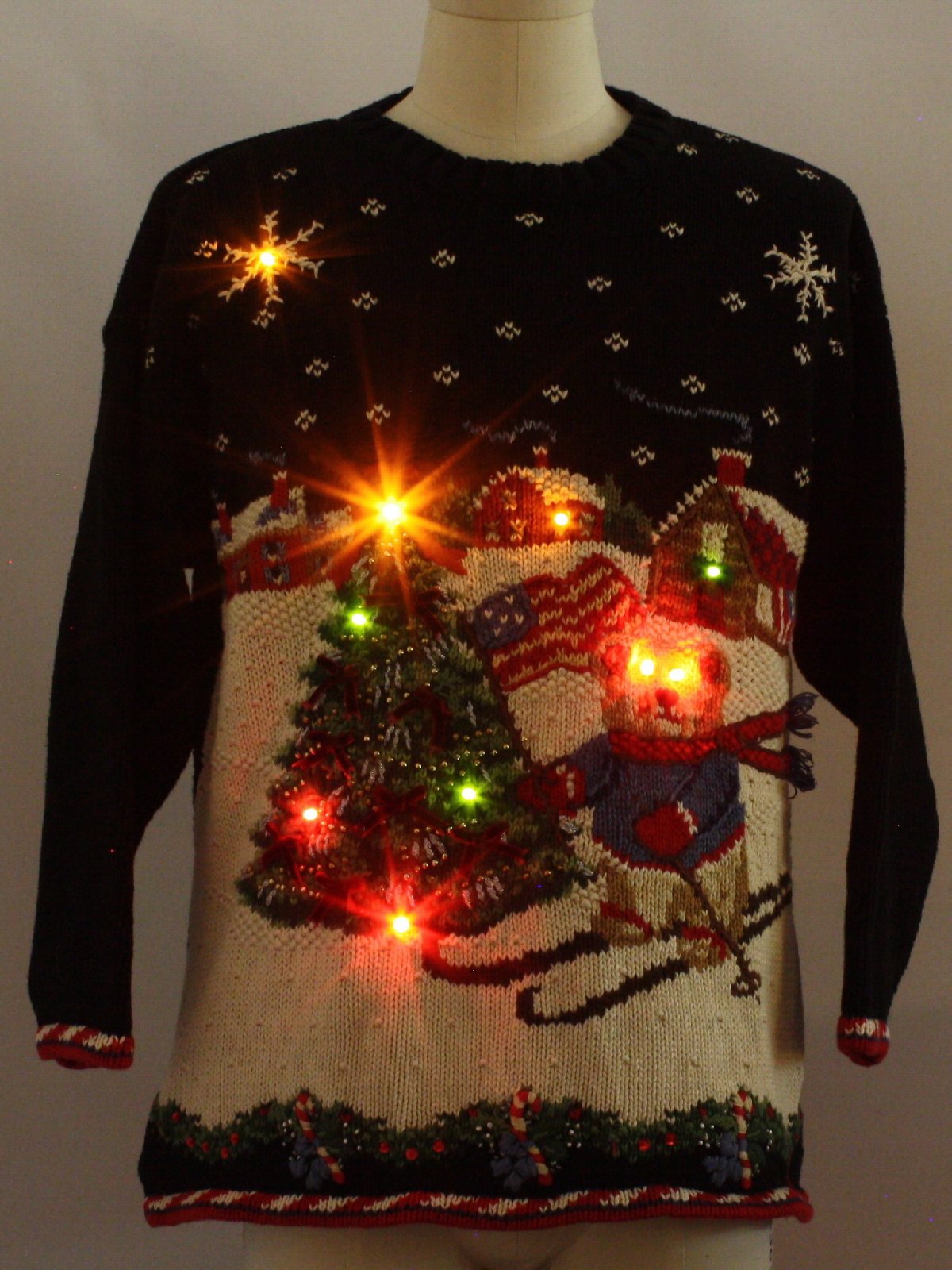 Lightup Ugly Christmas Sweater: -Tiara- Unisex black background ramie ...