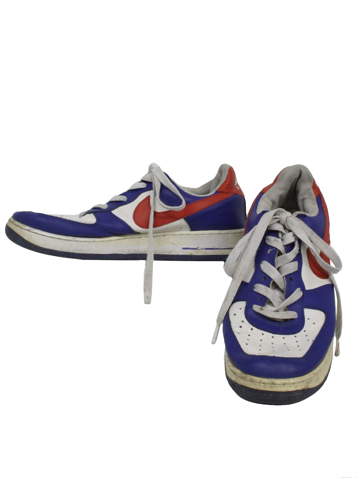 Nike Air Force 1 Nineties Vintage Shoes: 90s Air Force 1- Mens blue, white and red flat bottom classic old school tennis shoes with mesh dot upper bridge -AF 1