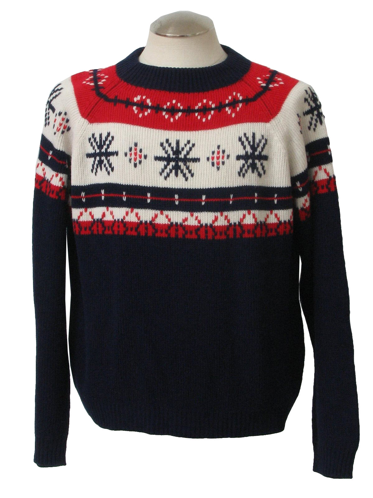 Retro 1970s Sweater: 70s -Marcraft- Mens navy blue, red and white ...