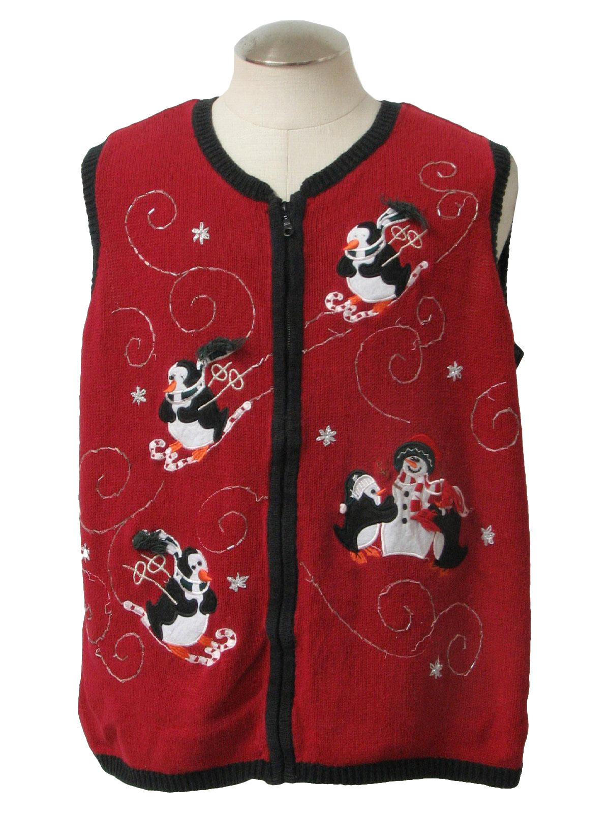 Ugly Christmas Sweater Vest Holiday Editions Unisex Red Background Cotton Ramie Blend Zip 6564