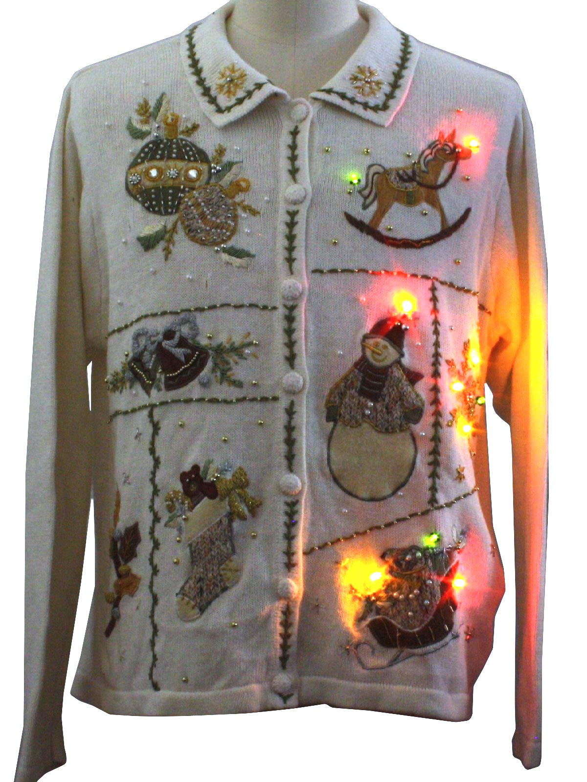 Womens Lightup Ugly Christmas Sweater: -BP Design- Womens white background ramie cotton blend