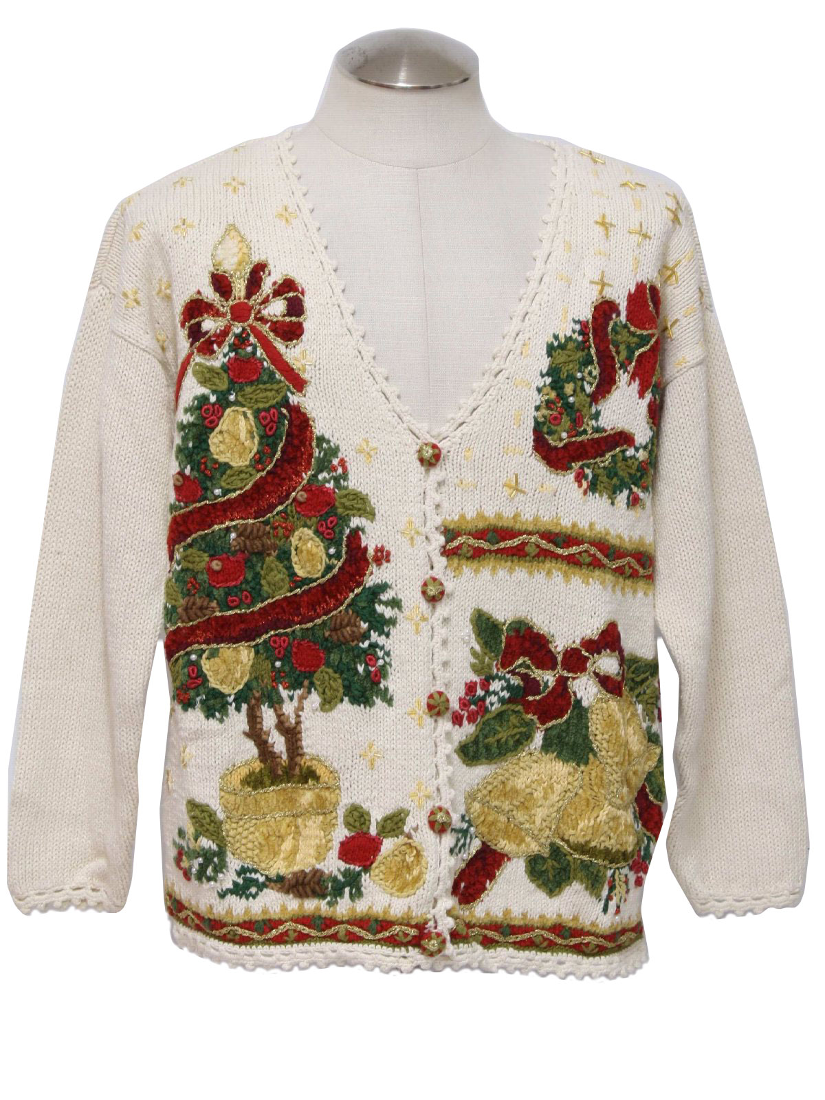 Womens Ugly Christmas Cardigan Sweater: -Heirloom- Womens cream ...