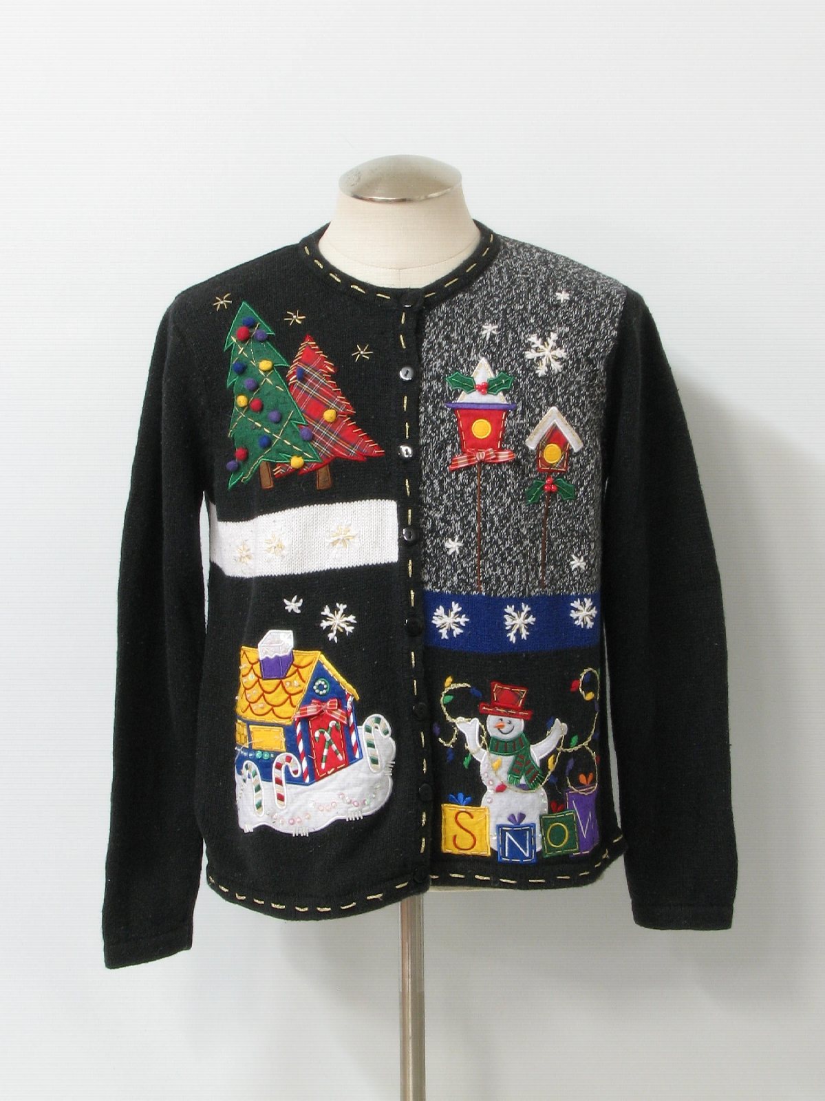 Womens Ugly Christmas Sweater White Stag Womens Black Background Cotton Ramie Blend Button 1597