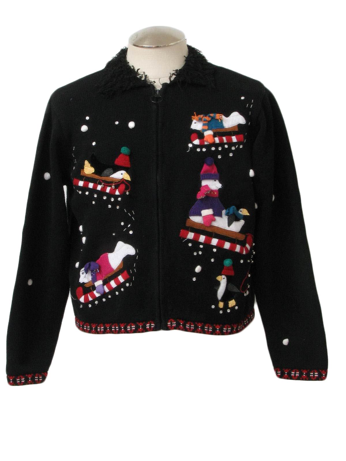 Womens Ugly Christmas Sweater Karen Scott Sport Unisex Black Background With Red And White 4095