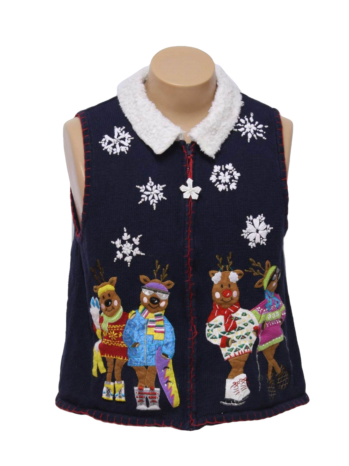 Ugly Christmas Sweater Vest White Stag Unisex Deep Midnight Blue Background Ramie Cotton 1983