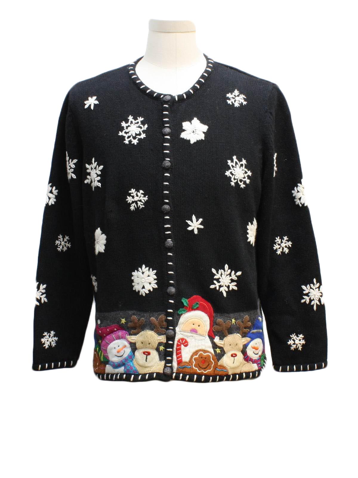 Womens Ugly Christmas Sweater: -Studio Joy- Womens black background with white, red, green, grey