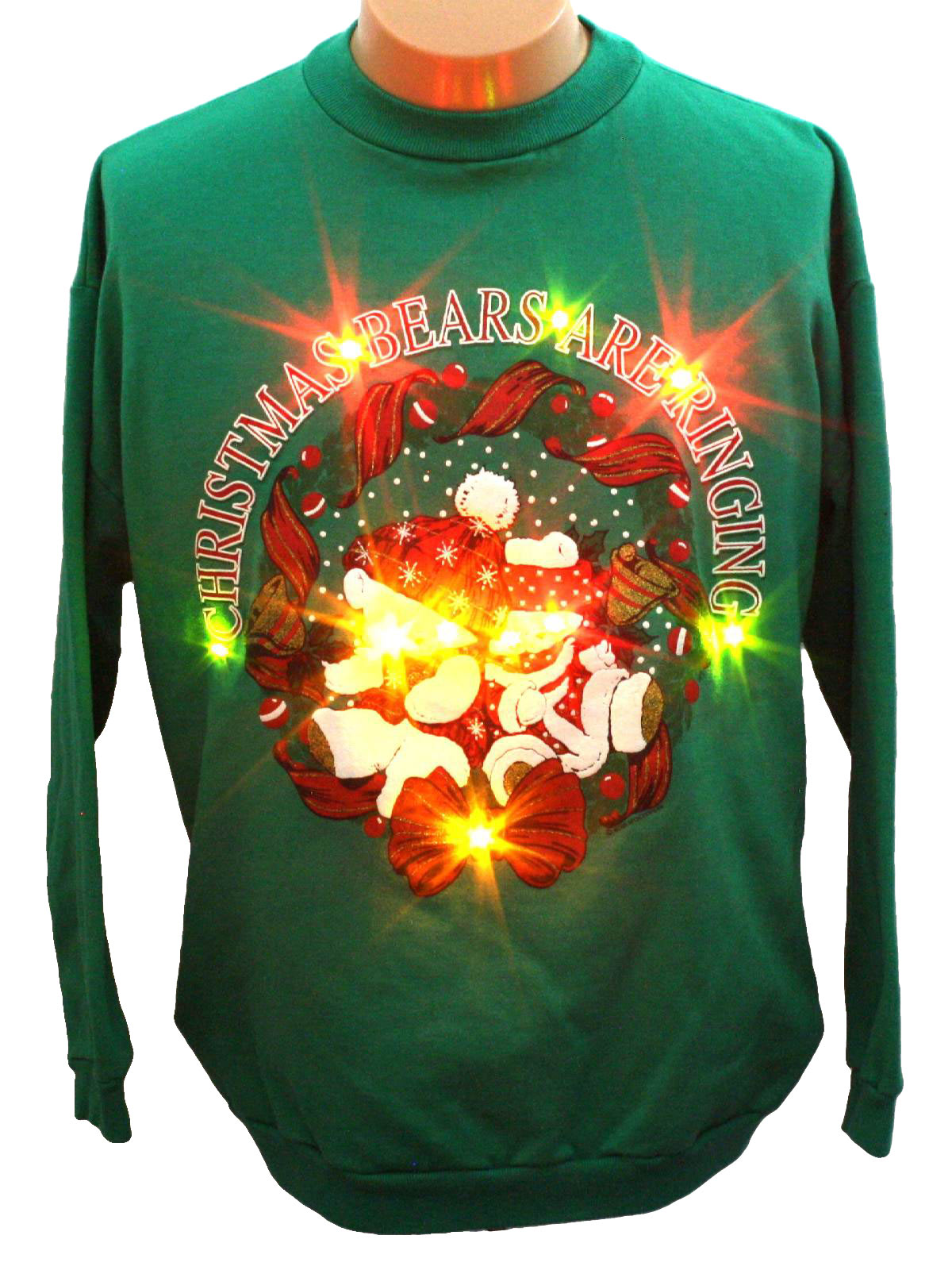 Bear Riffic Lightup Ugly Christmas Sweatshirt Missing Label Unisex Green Background Cotton